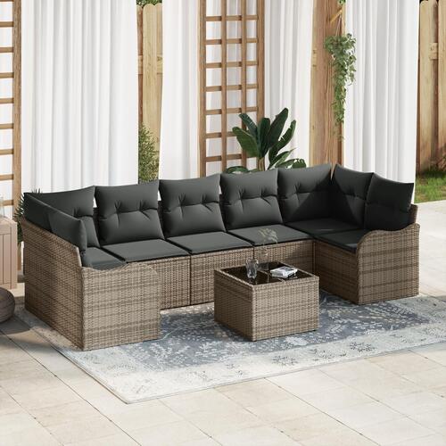 8 Stykke Have Sofa Sæt med Puder Grå Poly Rattan, 2-personers Have Sofa med Opbevaring & Puder Grå Poly Rattan