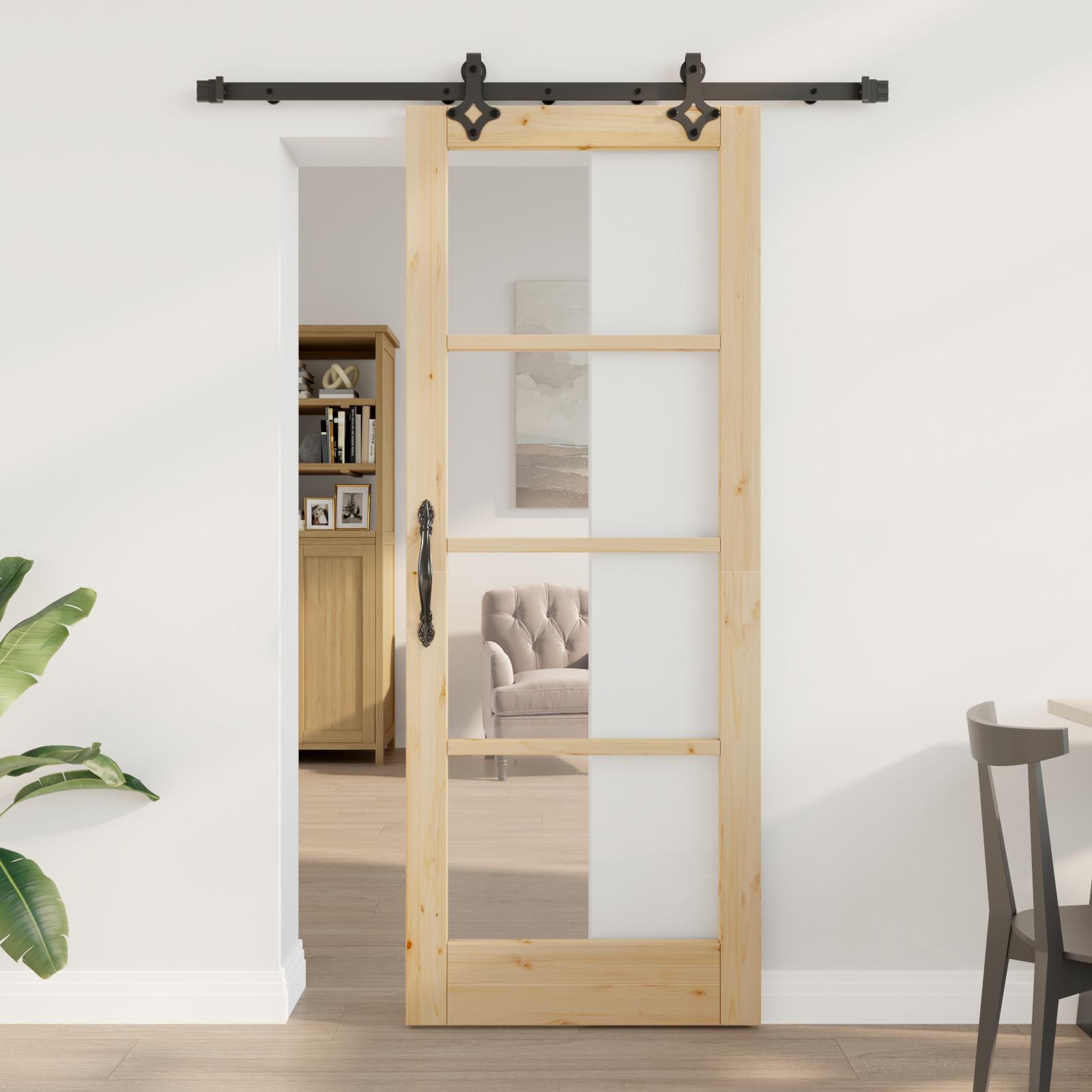 Glidende Dør med Hardware Sæt 78x202 cm Solidt Fyrretræ&& Indvendig Dør med Glas 'ORKDAL'78x202x4 cm Solidt Fyrretræ