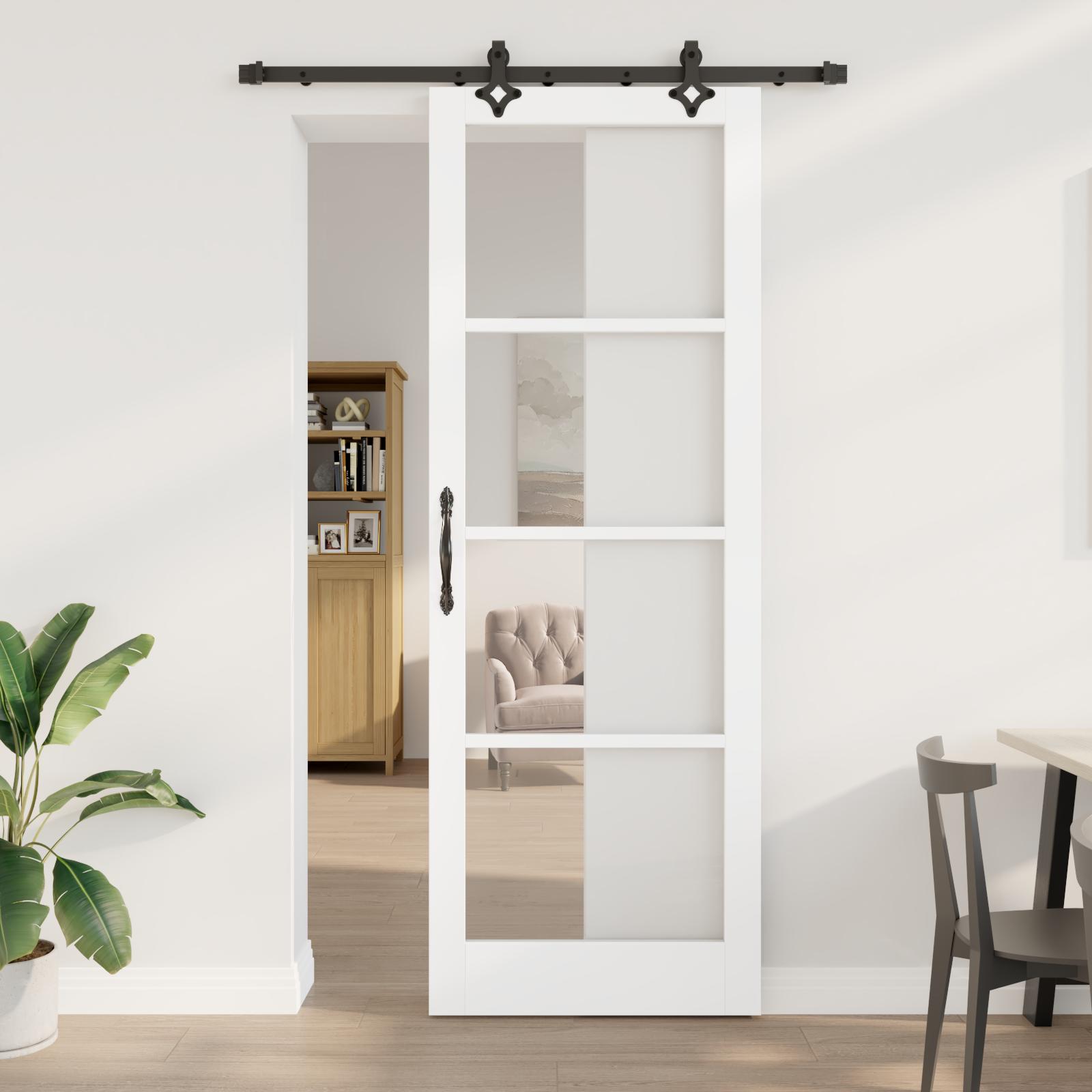 Glidende Dør med Hardware Sæt Hvid 83x232 cm Massivt Fyrretræ&& Indvendig Dør med Glas