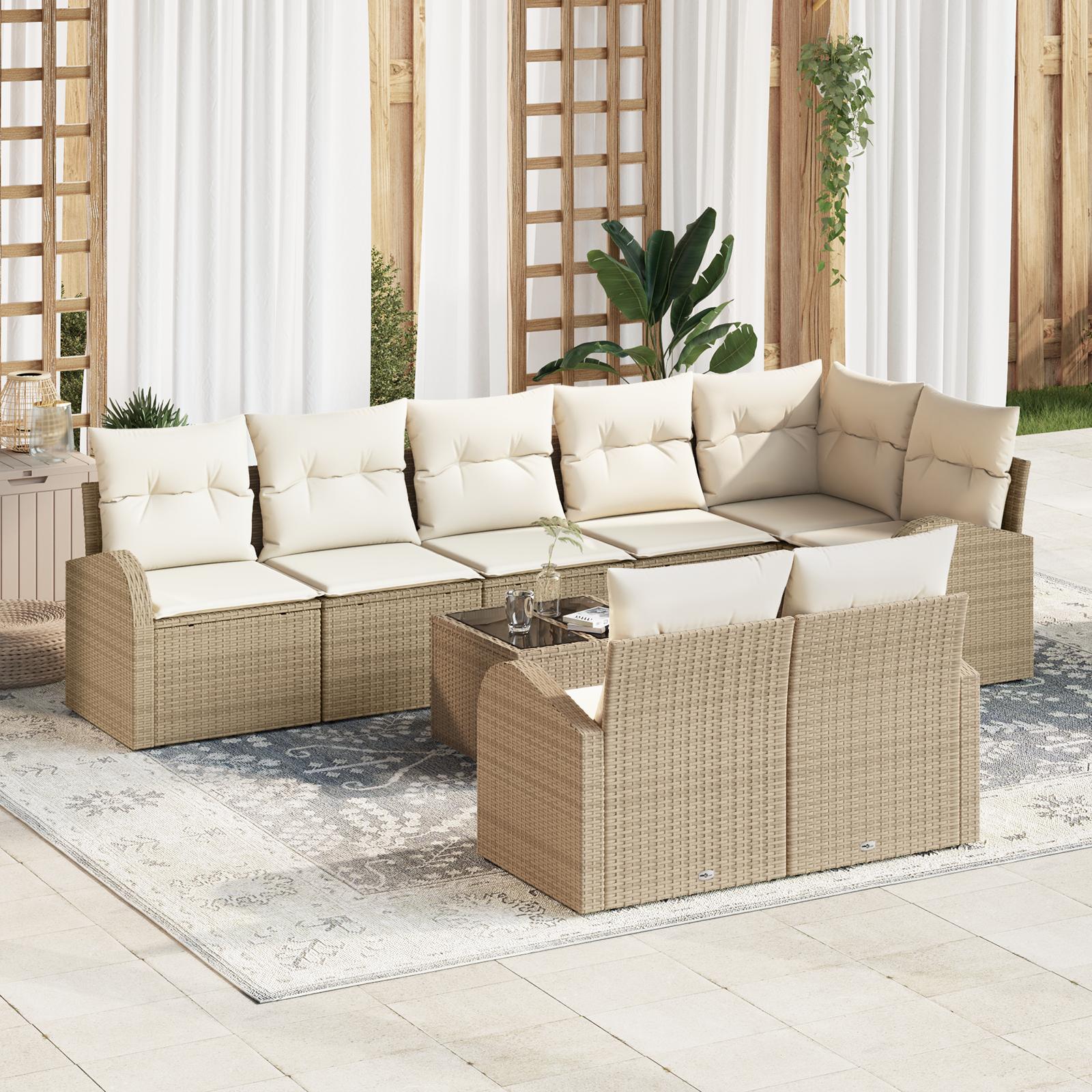 9 Stk Have Sofa Sæt med Puder Brun Poly Rattan&& 2-personers Have Sofa med Opbevaring & Puder Beige Poly Rattan