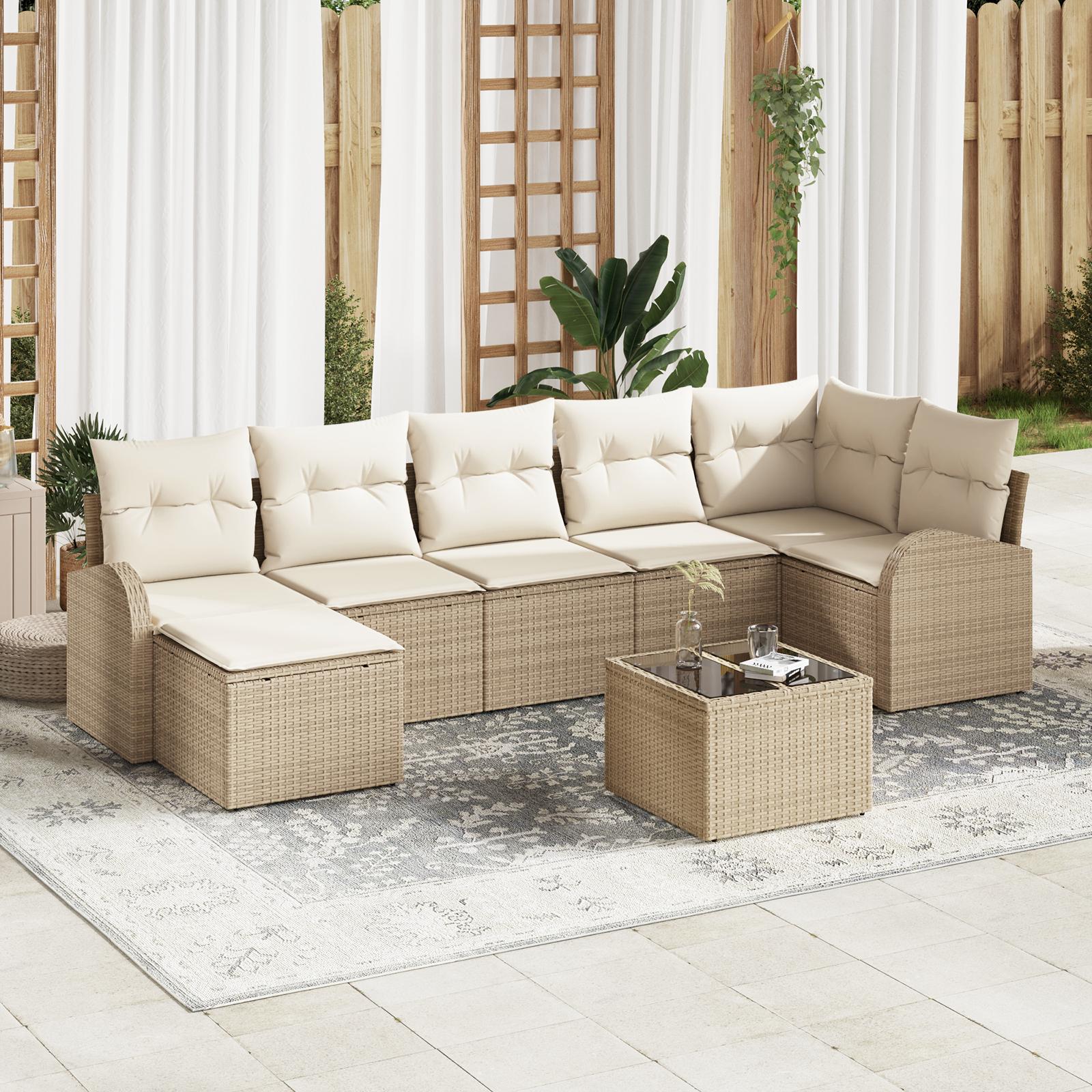 8-delt Havesofa Sæt med Puder Brun Poly Rattan&& 2-personers Havesofa med Opbevaring & Puder Beige Poly Rattan