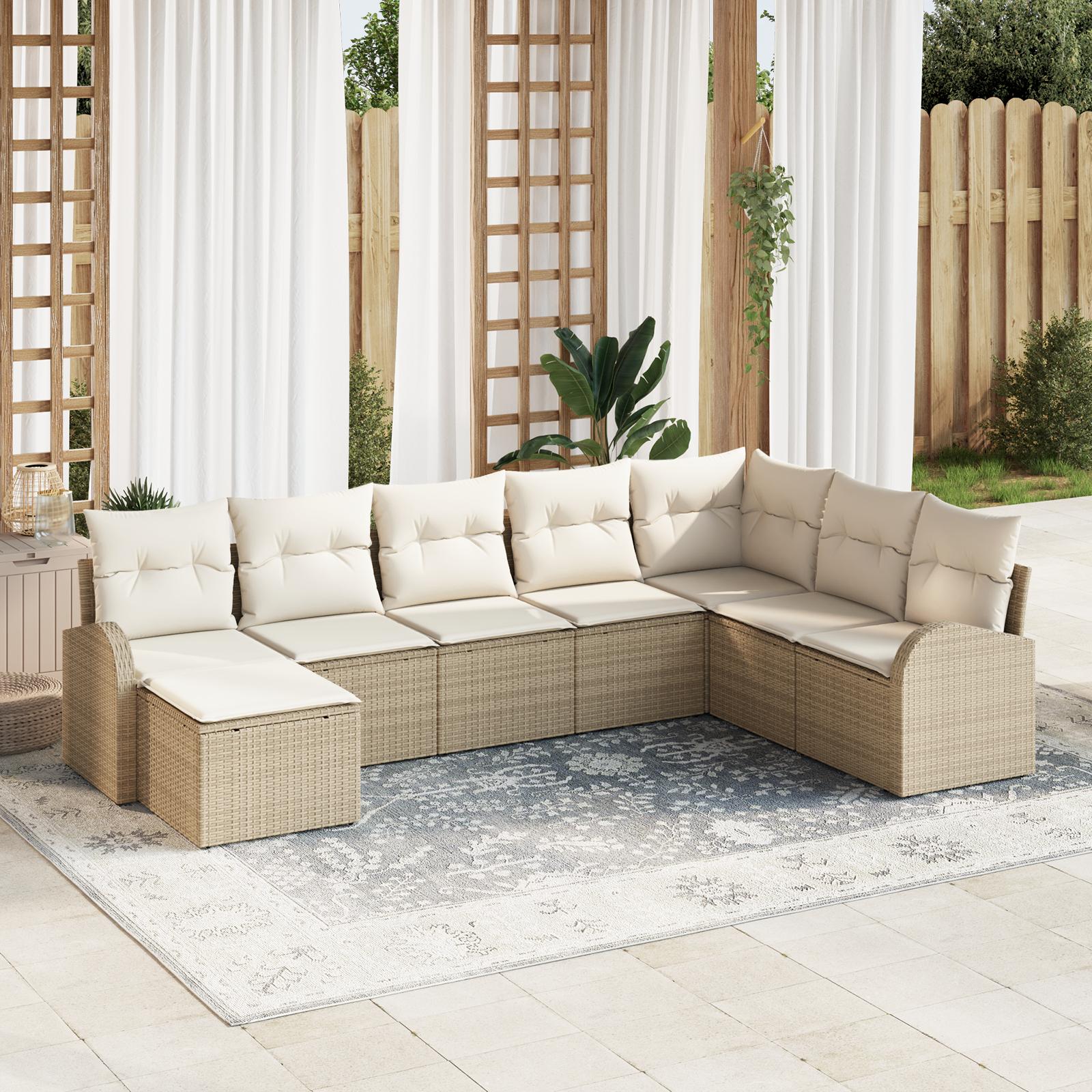 8 Stykker Have Sofa Sæt Med Puder Beige Poly Rattan&& 2-personers Have Sofa Med Opbevaring & Puder Beige Poly Rattan