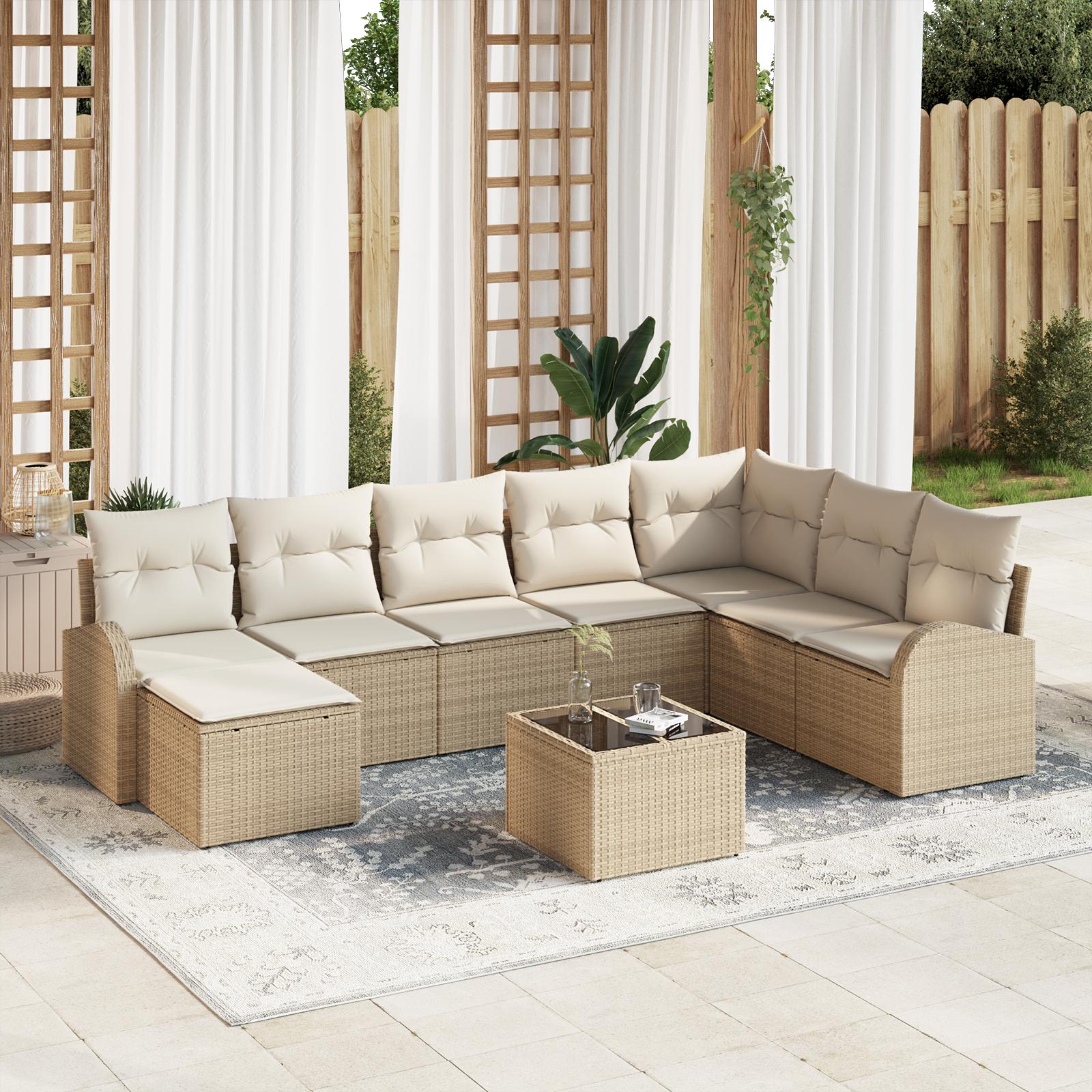9 Stk Have Sofa Sæt med Hynder Brun Poly Rattan&& 2-sæders Have Sofa med Opbevaring & Hynder Beige Poly Rattan