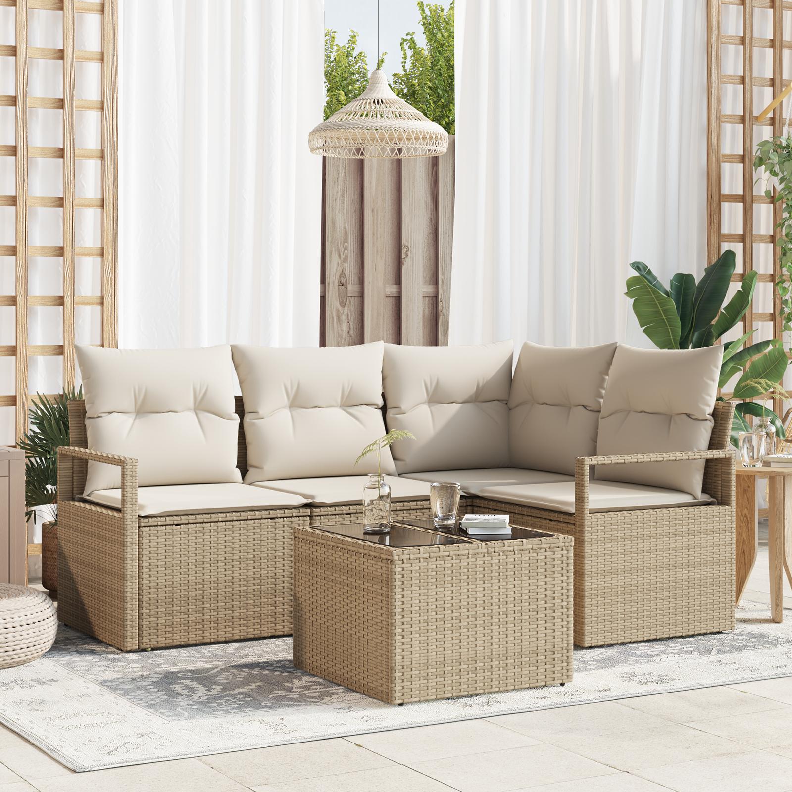5-Personers Have Sofa Sæt med Puder Brun Poly Rattan&& 2-Personers Have Sofa med Opbevaring & Puder Beige Poly Rattan