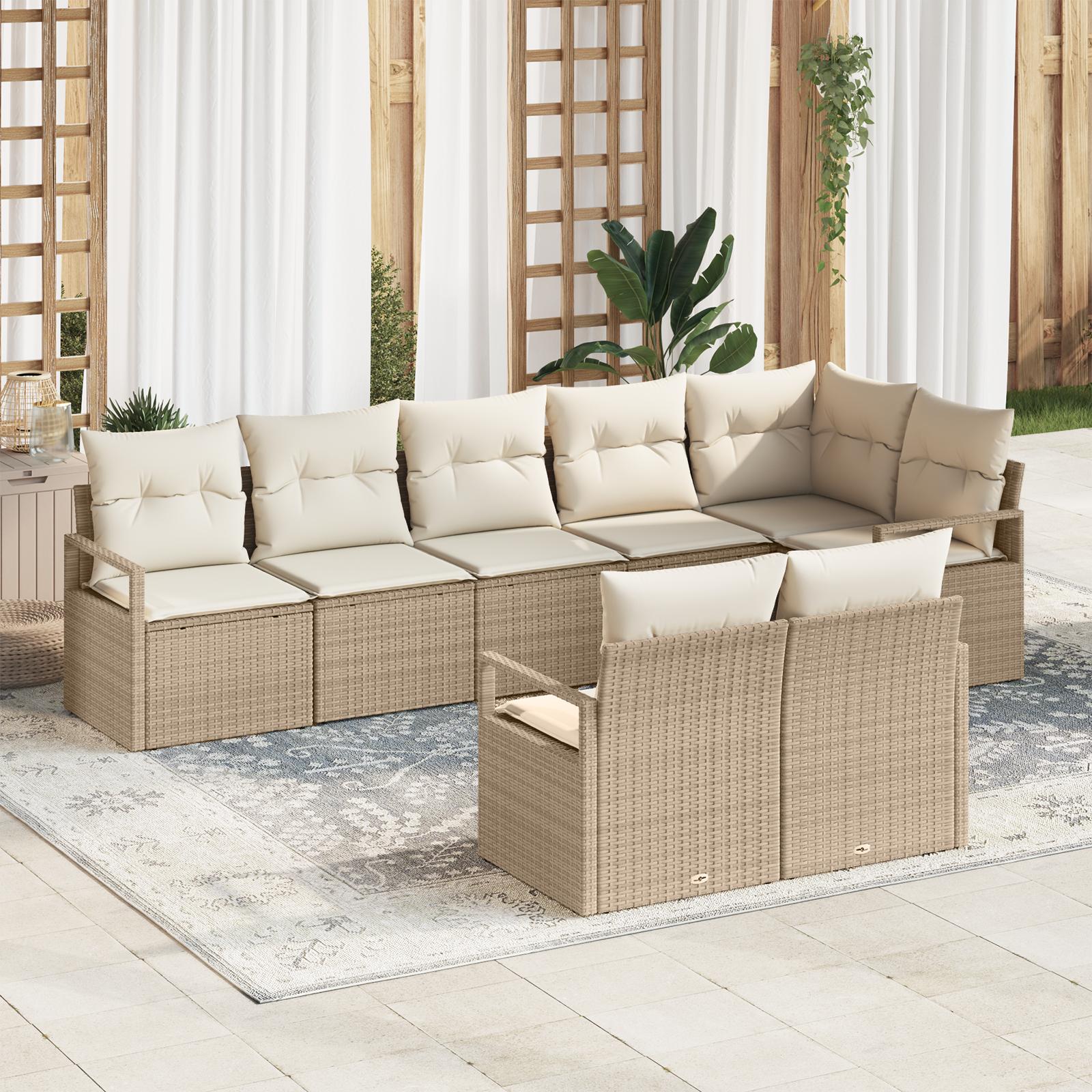 8 Dele Have Sofa Sæt med Hynder Beige Poly Rattan&& 2-personers Have Sofa med Opbevaring & Hynder Beige Poly Rattan