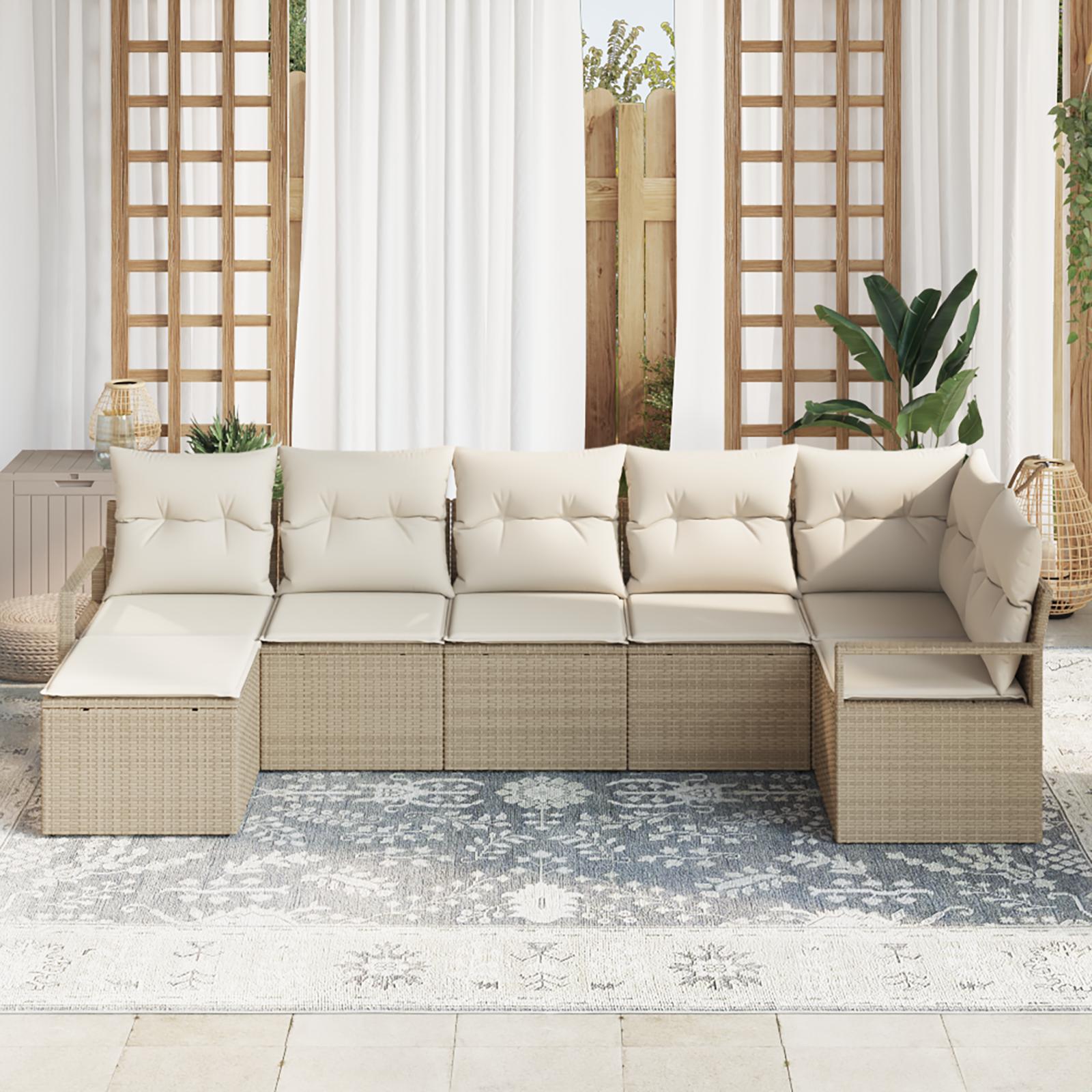 7 Stykke Have Sofa Sæt med Puder Beige Poly Rattan&& 2-personers Have Sofa med Opbevaring & Puder Beige Poly Rattan