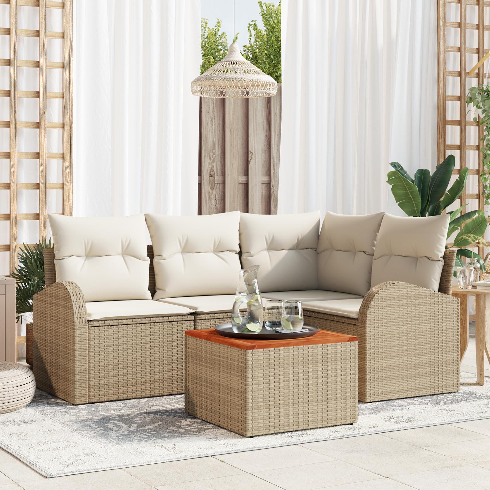 5 Deles Havesofa Sæt med Puder Beige Poly Rattan Acacia&& 2-Sæders Havesofa med Opbevaring & Puder Beige Poly Rattan
