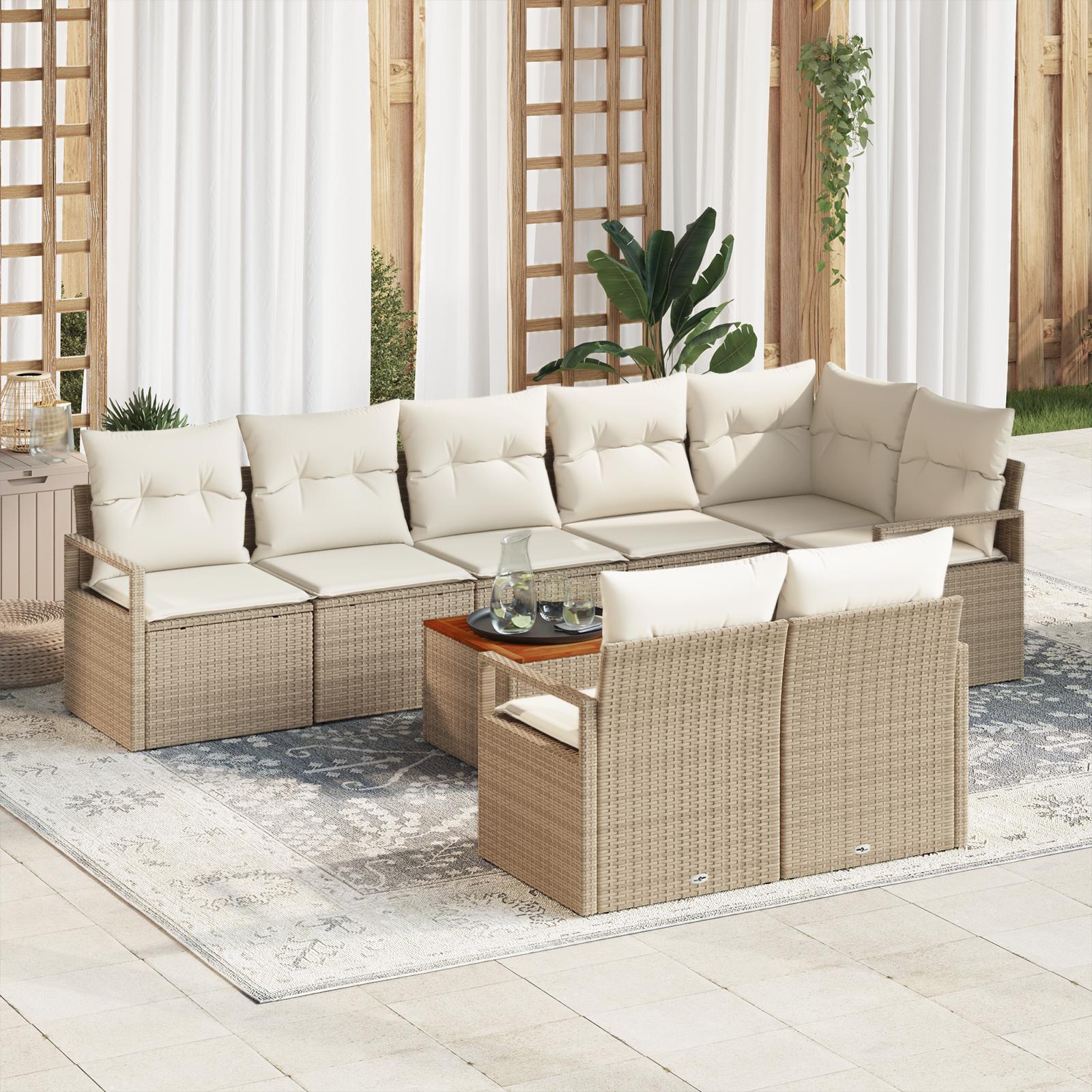 9 Stk Have Sofa Sæt med Puder Beige Poly Rattan Akacia&& 2-personers Have Sofa med Opbevaring & Puder Beige Poly Rattan