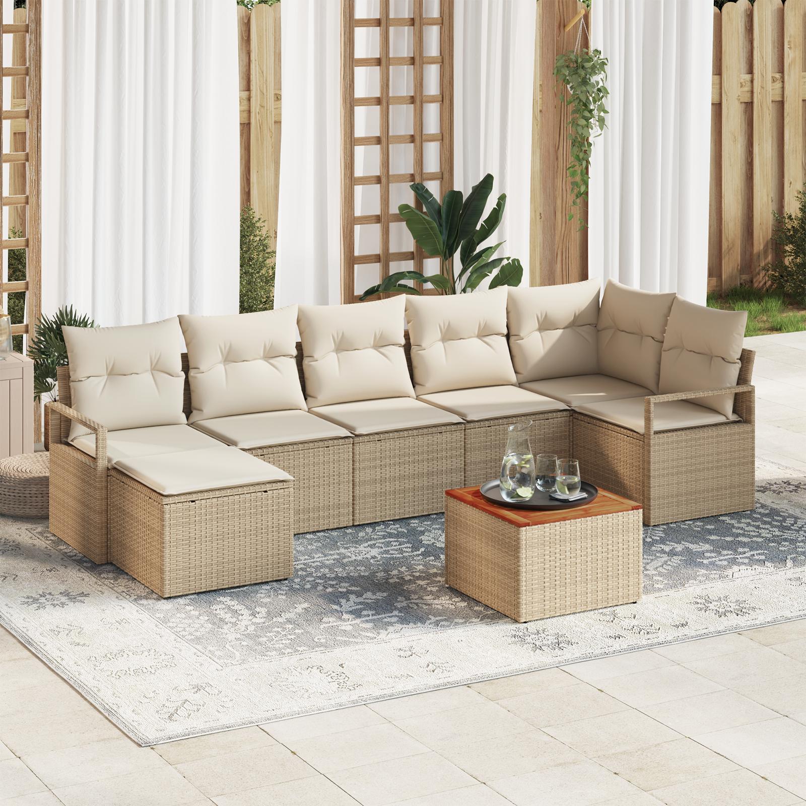 8 Stykker Havens Sofa Sæt med Puder Beige Poly Rattan Akacia&& 2-Personers Havens Sofa med Opbevaring & Puder Beige Poly Rattan