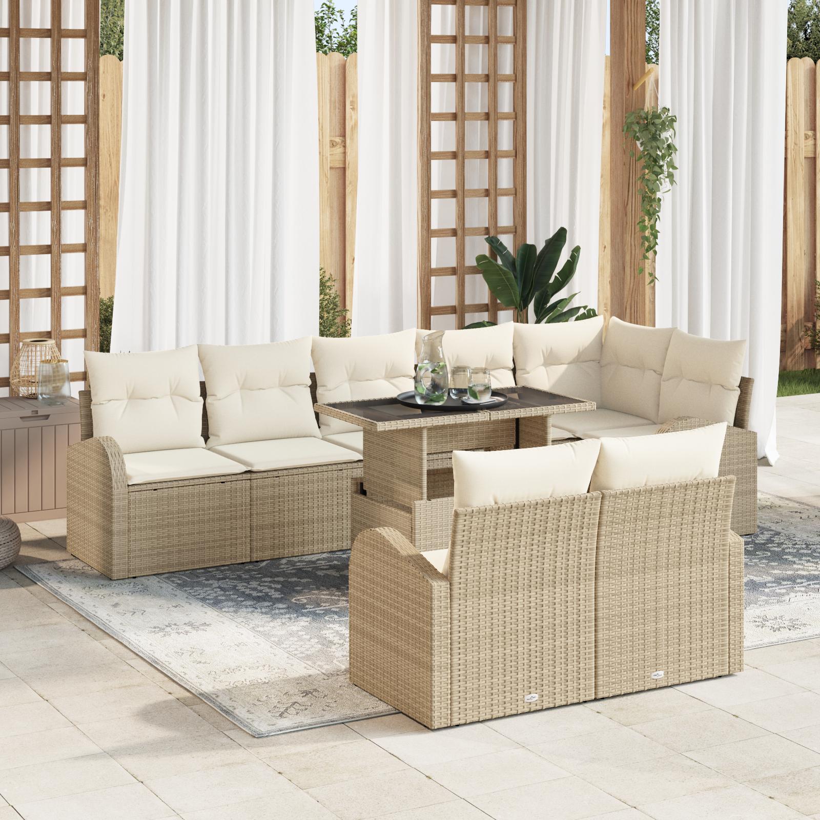 9 stykke have sofa sæt med puder beige poly rattan&& 2-personers have sofa med opbevaring & puder beige poly rattan