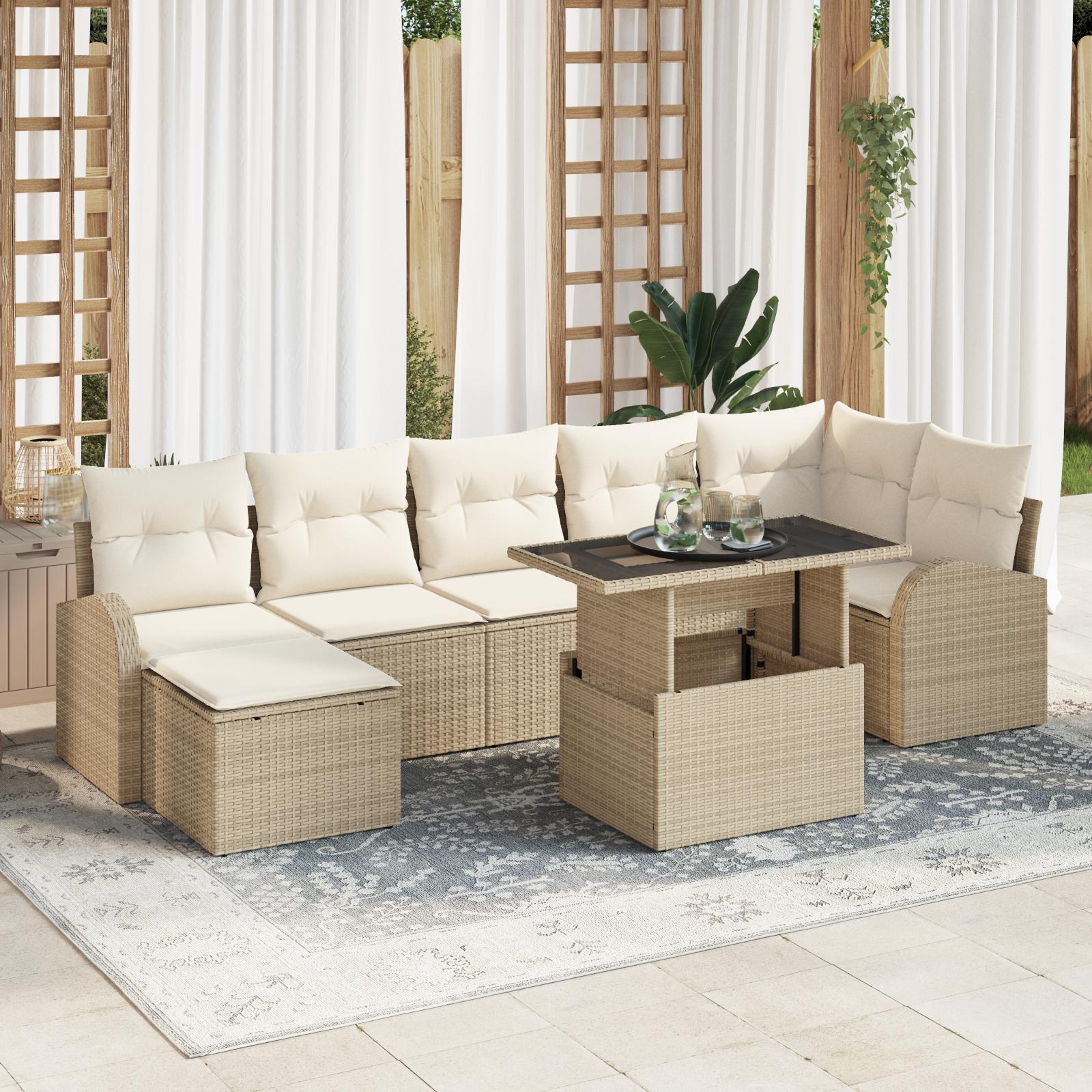8 Piece Have Sofa Sæt med Puder Beige Poly Rattan&& 2-personers Have Sofa med Opbevaring & Puder Beige Poly Rattan