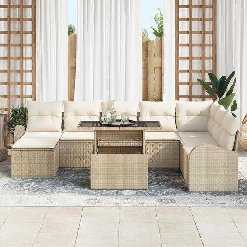 9-delers have sofa sæt med puder beige poly rattan&& 2-personers have sofa med opbevaring og puder beige poly rattan