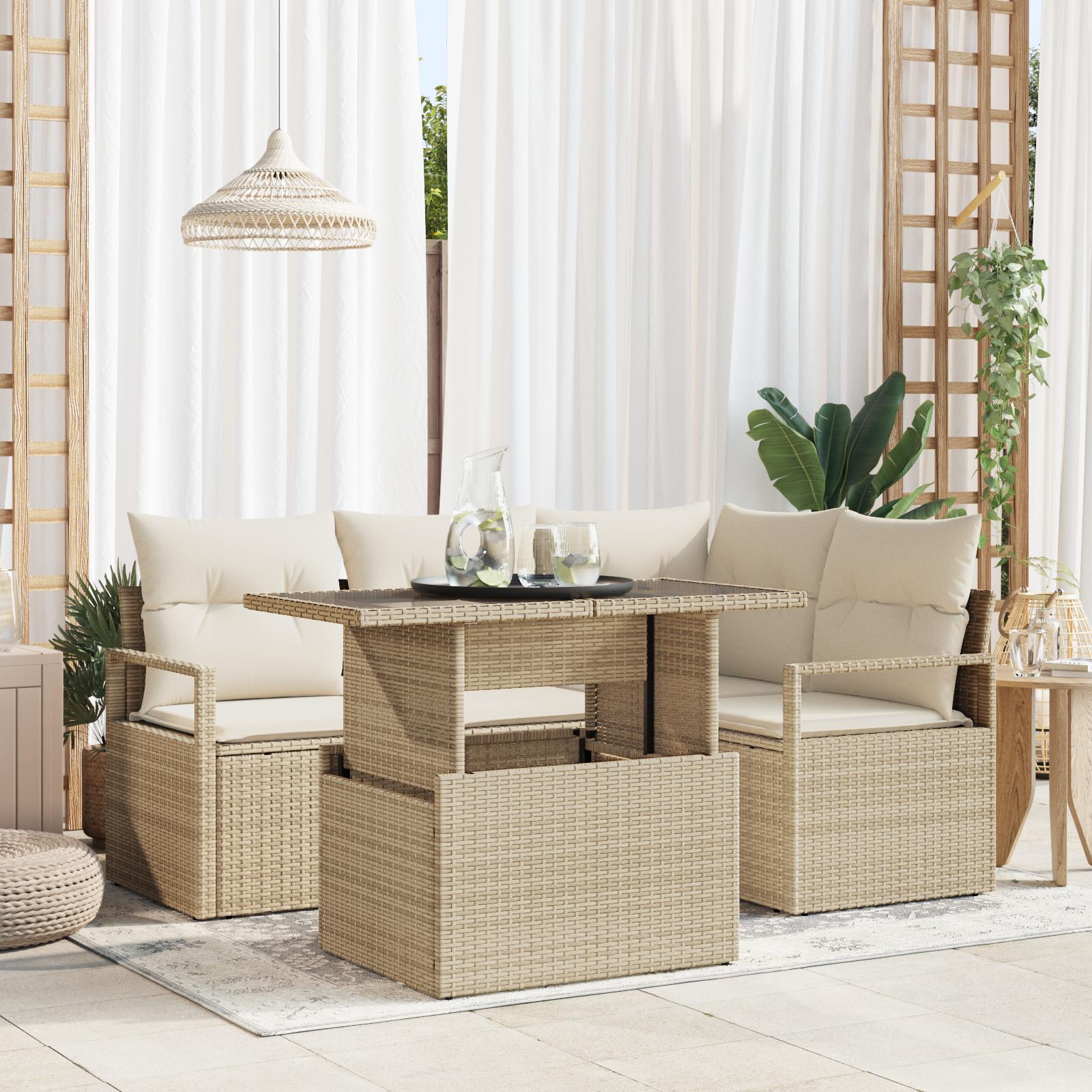 5-delt have sofa sæt med puder beige poly rattan&& 2-personers have sofa med opbevaring og puder beige poly rattan