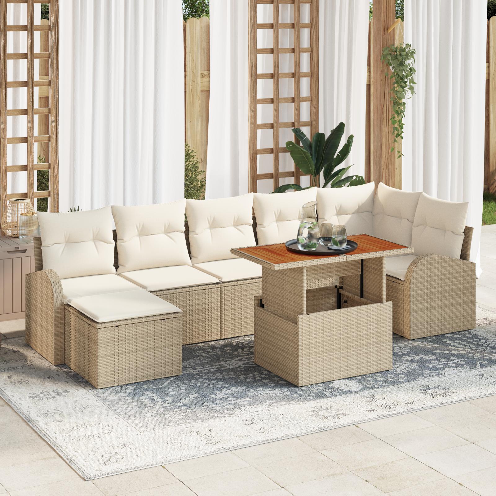 8 Stk Have Sofa Sæt med Puder Beige Poly Rattan&& 2-personers Have Sofa med Opbevaring & Puder Beige Poly Rattan