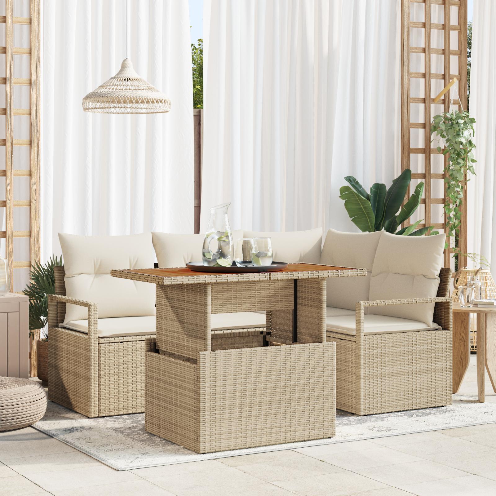 5-delers havesofa sæt med puder beige poly rattan&& 2-personers havesofa med opbevaring & puder beige poly rattan