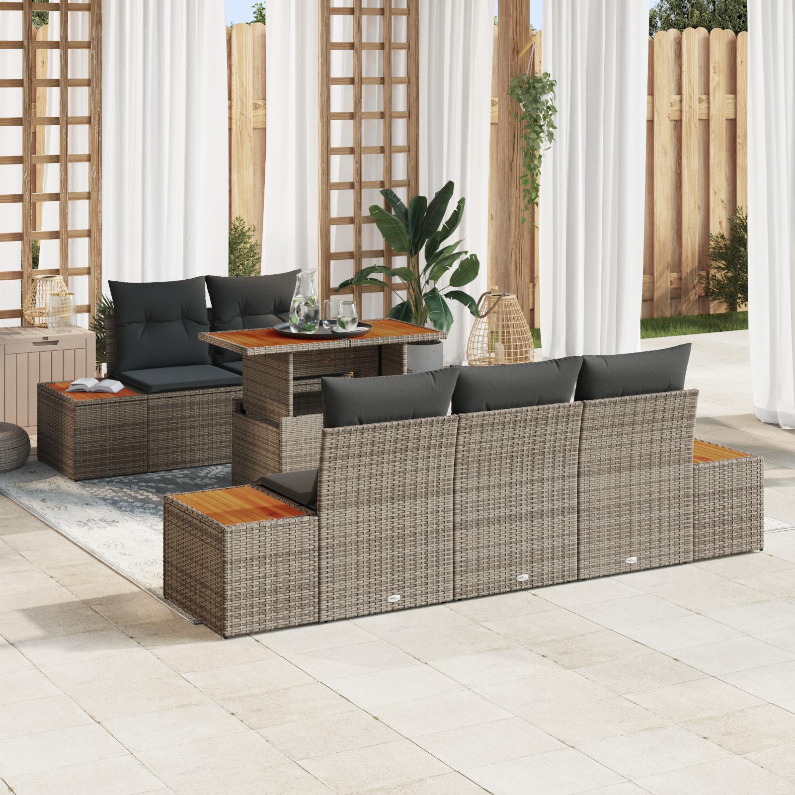 6 Stykke Have Sofa Sæt med Puder Grå Poly Rattan&& 2-Sæders Have Sofa med Opbevaring & Puder Grå Poly Rattan