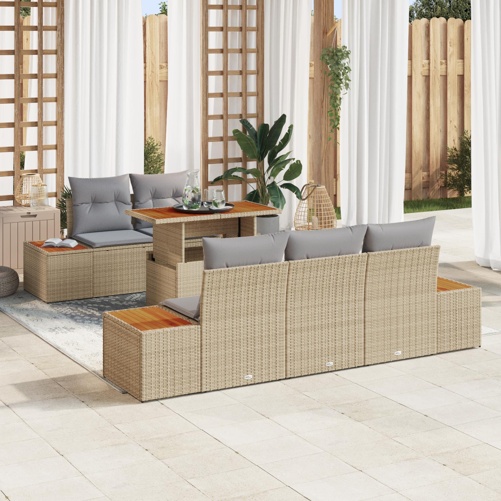6-delt havensofa sæt med puder beige poly rattan&& 2-personers havensofa med opbevaring og puder beige poly rattan