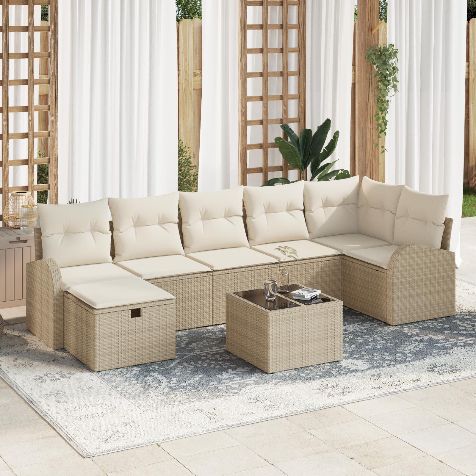 8-delt Have Sofa Sæt med Puder Beige Polyrattan&& 2-personers Have Sofa med Opbevaring & Puder Beige Polyrattan