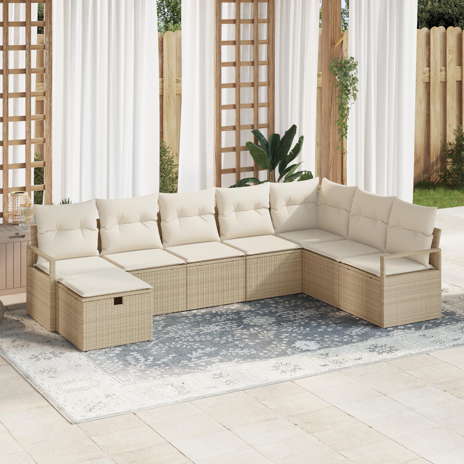 8 Delt Have Sofa Sæt med Hynder Beige Poly Rattan&& 2-personers Have Sofa med Opbevaring & Hynder Beige Poly Rattan