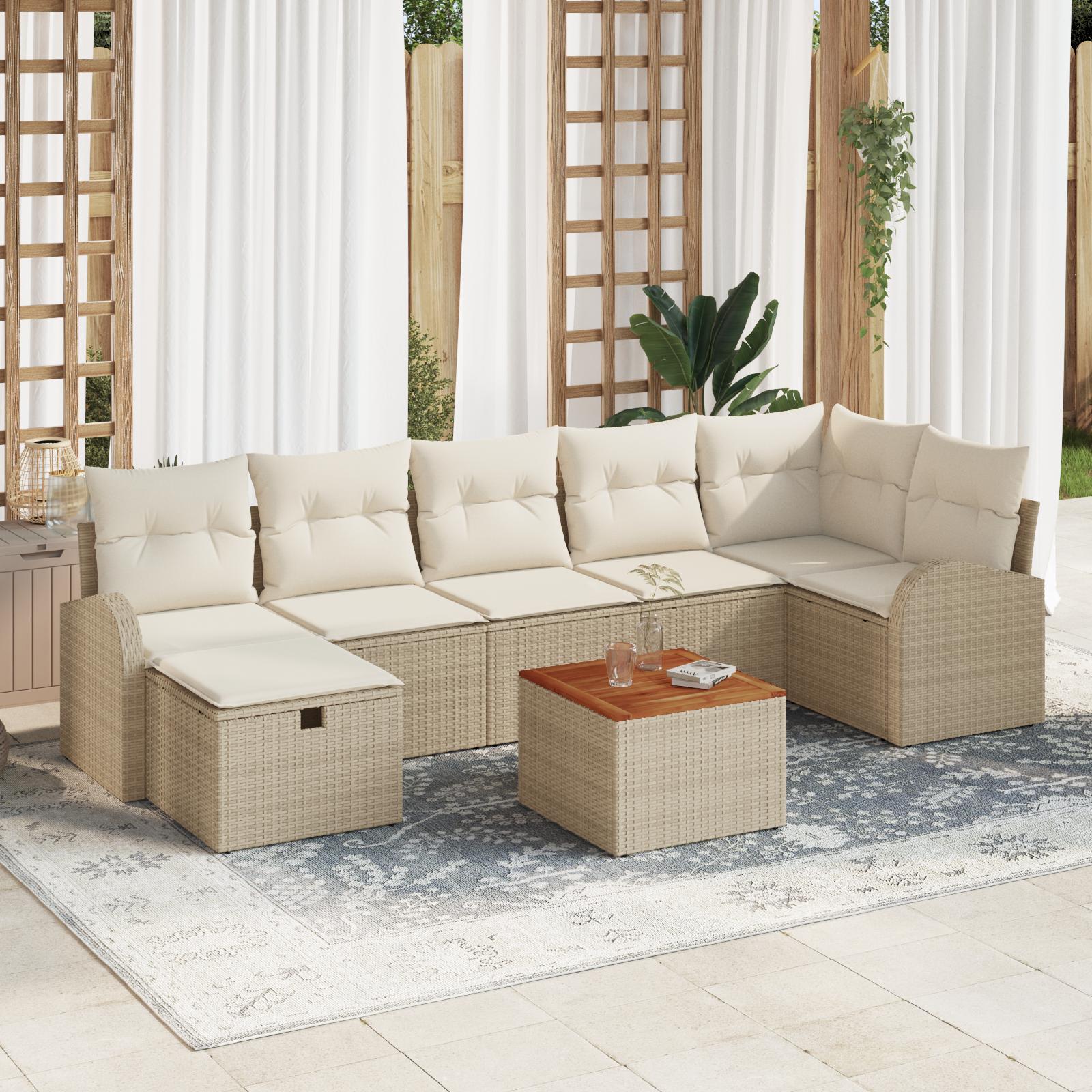 8-delt Have Sofa Sæt med Puder Beige Poly Rattan&& 2-sæders Have Sofa med Opbevaring & Puder Beige Poly Rattan