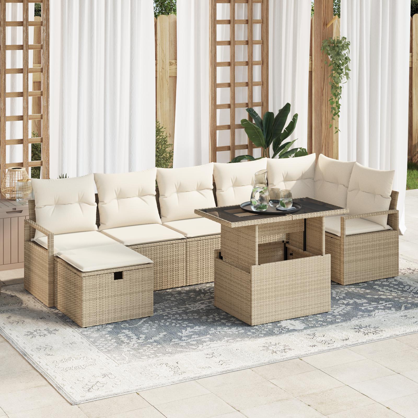 8 Stk Have Sofa Sæt med Puder Beige Poly Rattan&& 2-sæders Have Sofa med Opbevaring & Puder Beige Poly Rattan