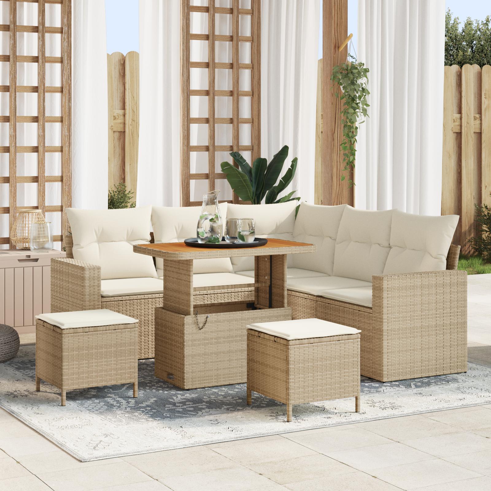 8 Styk Have Sofa Sæt med Puder Beige Poly Rattan&& 3 Styk Have Dining Sæt med Puder Beige Poly Rattan