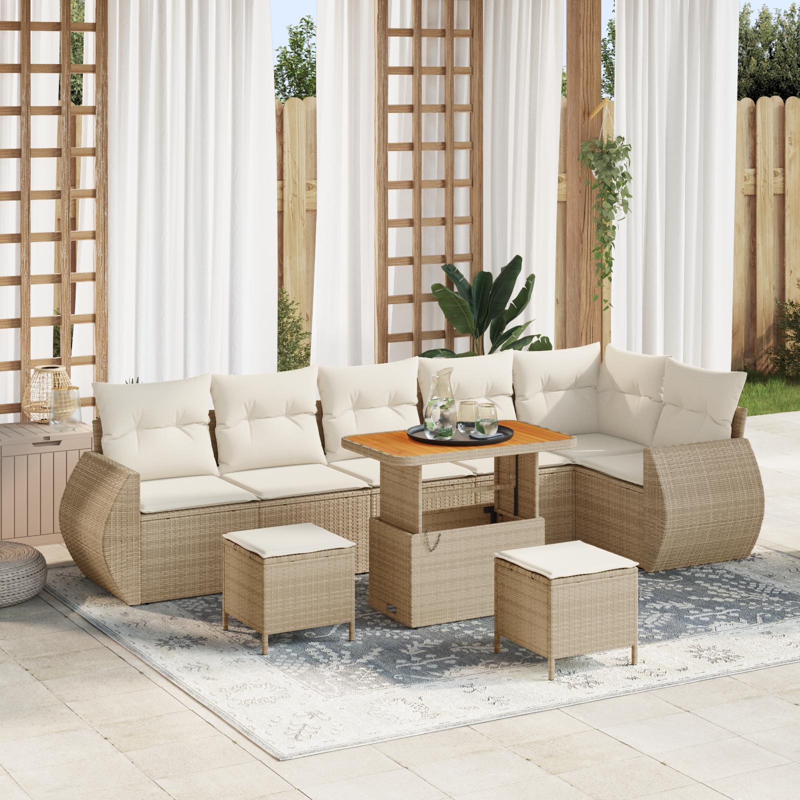 9 Stk Havesofasæt med Puder Beige Poly Rattan Akacie&& 3 Stk Havedining Set med Puder Beige Poly Rattan Akacie