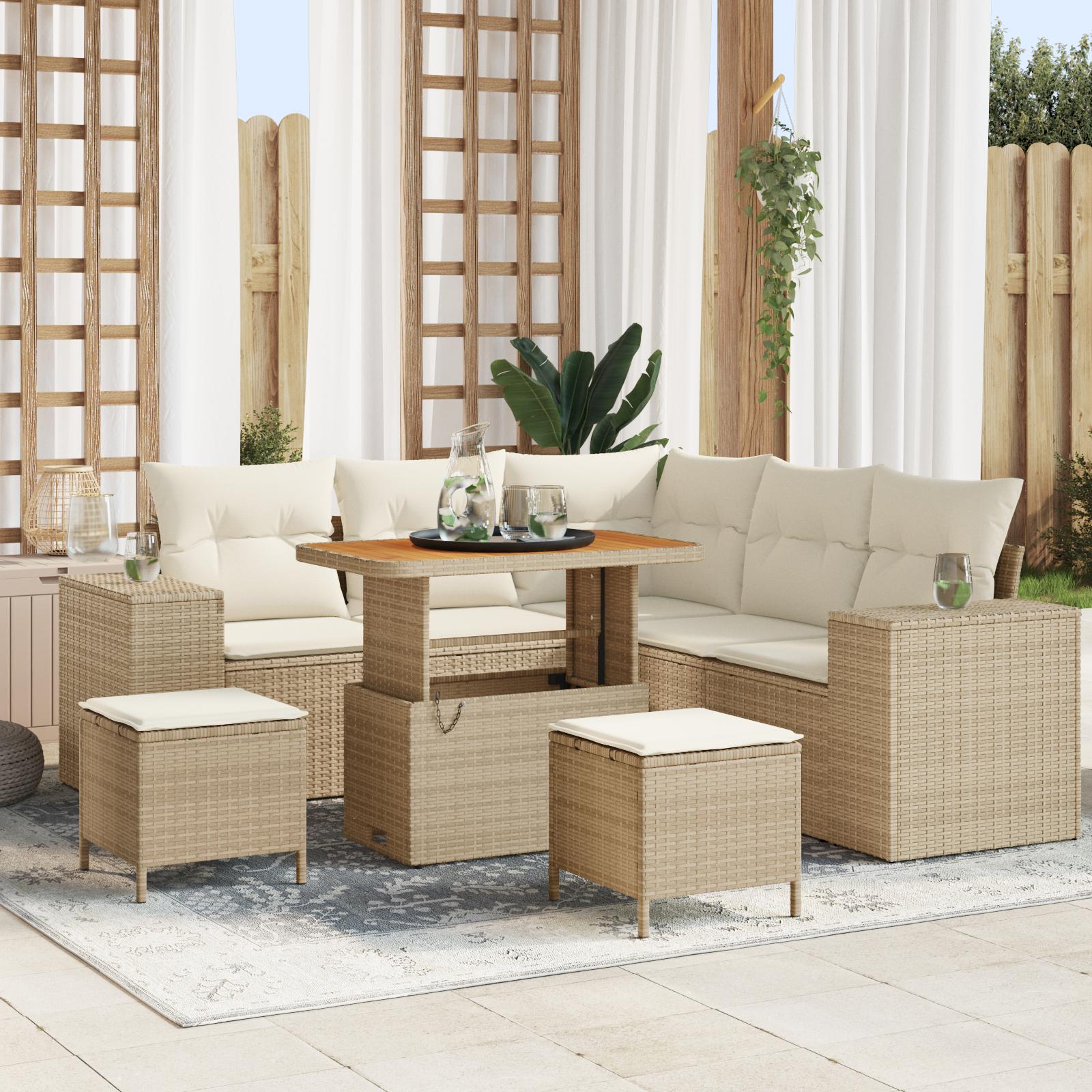 8 Piece Havesofa Sæt med Puder Beige Poly Rattan Akacie&& 3 Piece Havespisestel med Puder Beige Poly Rattan Akacie