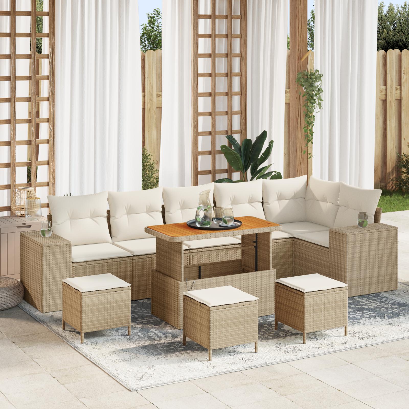 10 Stk Have Sofa Sæt med Puder Beige Poly Rattan Akacia&& 4 Stk Have Dining Sæt med Puder Beige Poly Rattan Akacia