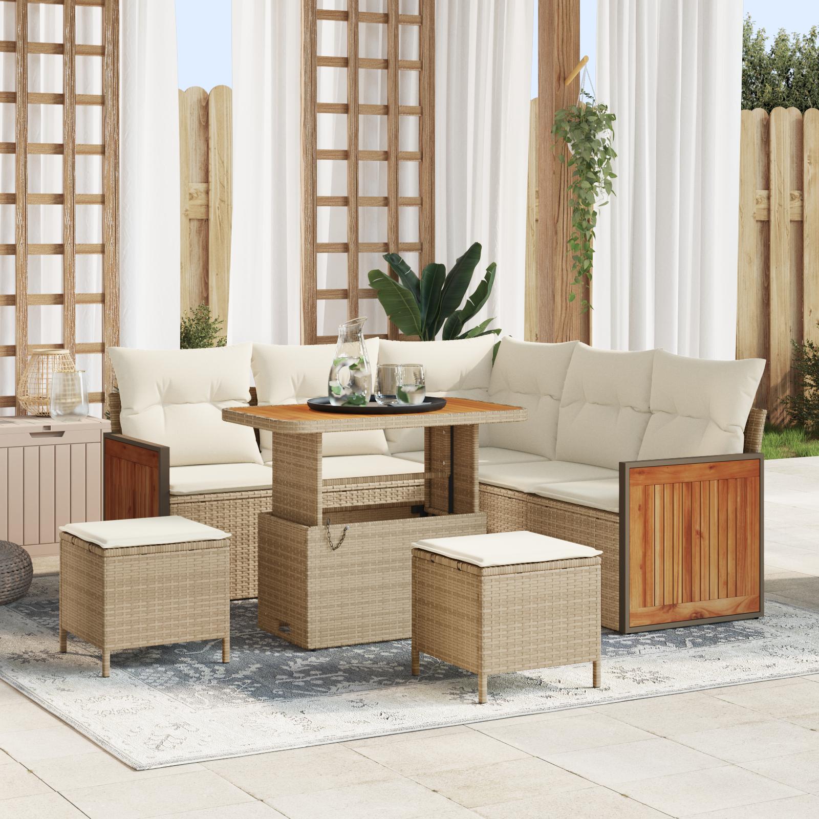 8-Piece Havemøbel Sæt med Hynder Beige Poly Rattan Akacia&& 3-Piece Havemøbel Sæt med Hynder Beige Poly Rattan Akacia