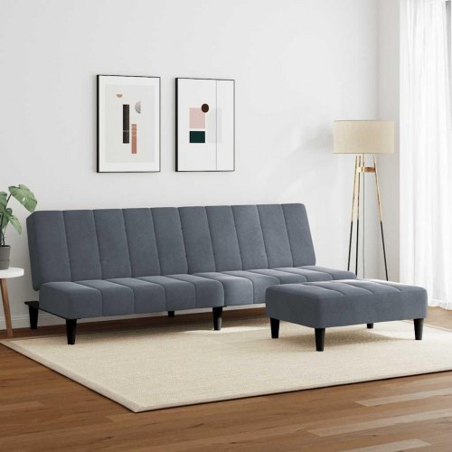 2-personers sovesofa med fodskammel i velour mørkegrå