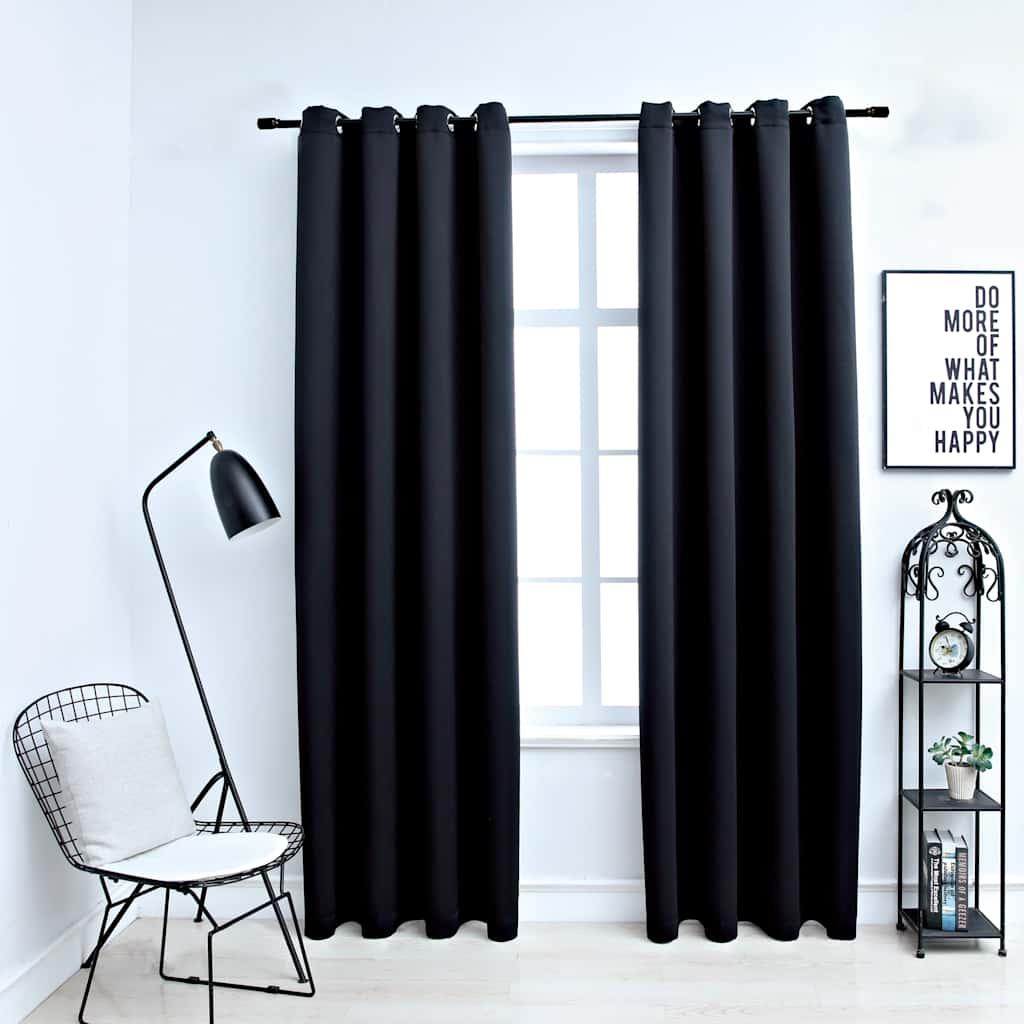 Lysdæmpende gardiner med ringe 2 stk. sort 137x213 cm stof