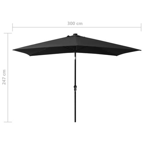 Parasol med stålstang og LED-lys 2x3 m sort