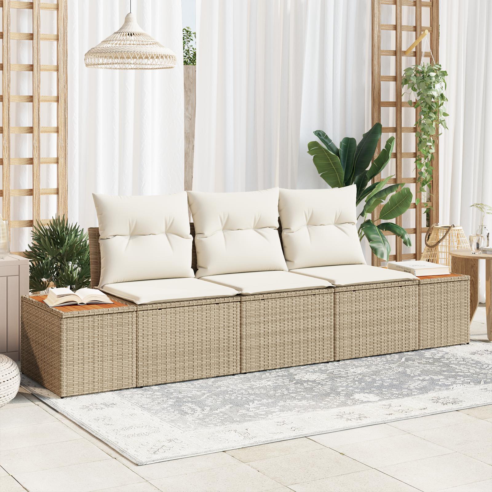 3 Stykker Have Sofa Sæt med Puder Beige Poly Rattan Acacia&& 2-Sæders Have Sofa med Opbevaring & Puder Beige Poly Rattan