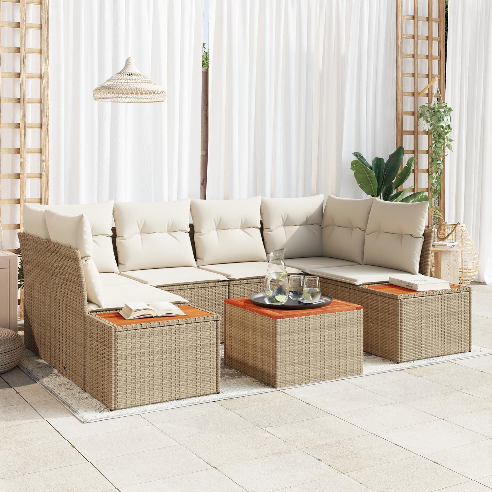 6 Stk Have Sofasæt med Puder Beige Poly Rattan Akacietræ&& 2-personers Have Sofa med Opbevaring & Puder Beige Poly Rattan