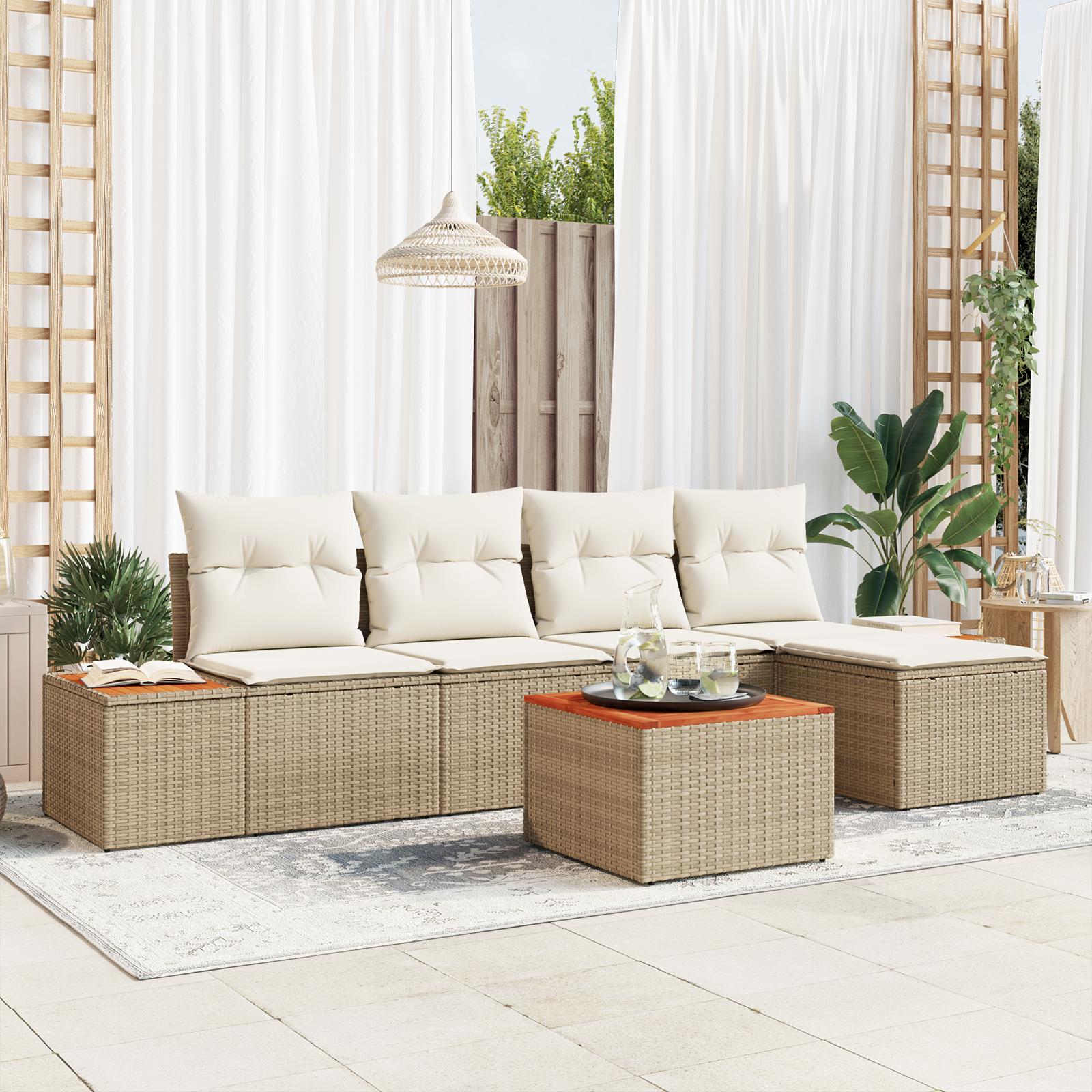 6 stykke have sofa sæt med puder beige poly rattan akacia&& 2-sæders have sofa med opbevaring & puder beige poly rattan