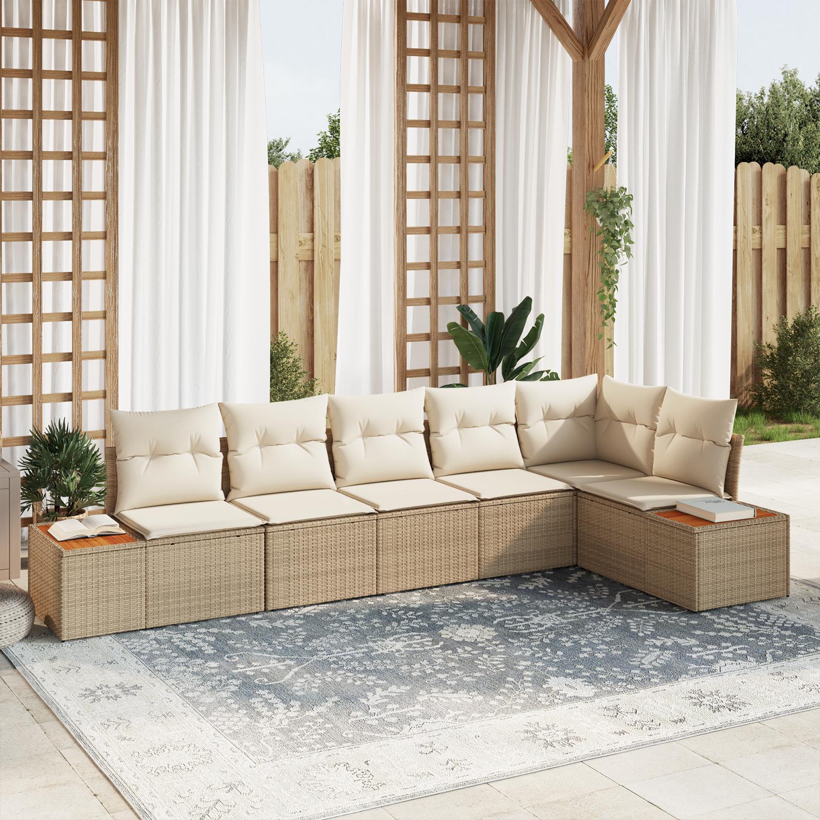 6 Deles Have Sofa Sæt med Hynder Beige Poly Rattan Akacietræ&& 2-Personers Have Sofa med Opbevaring & Hynder Beige Poly Rattan