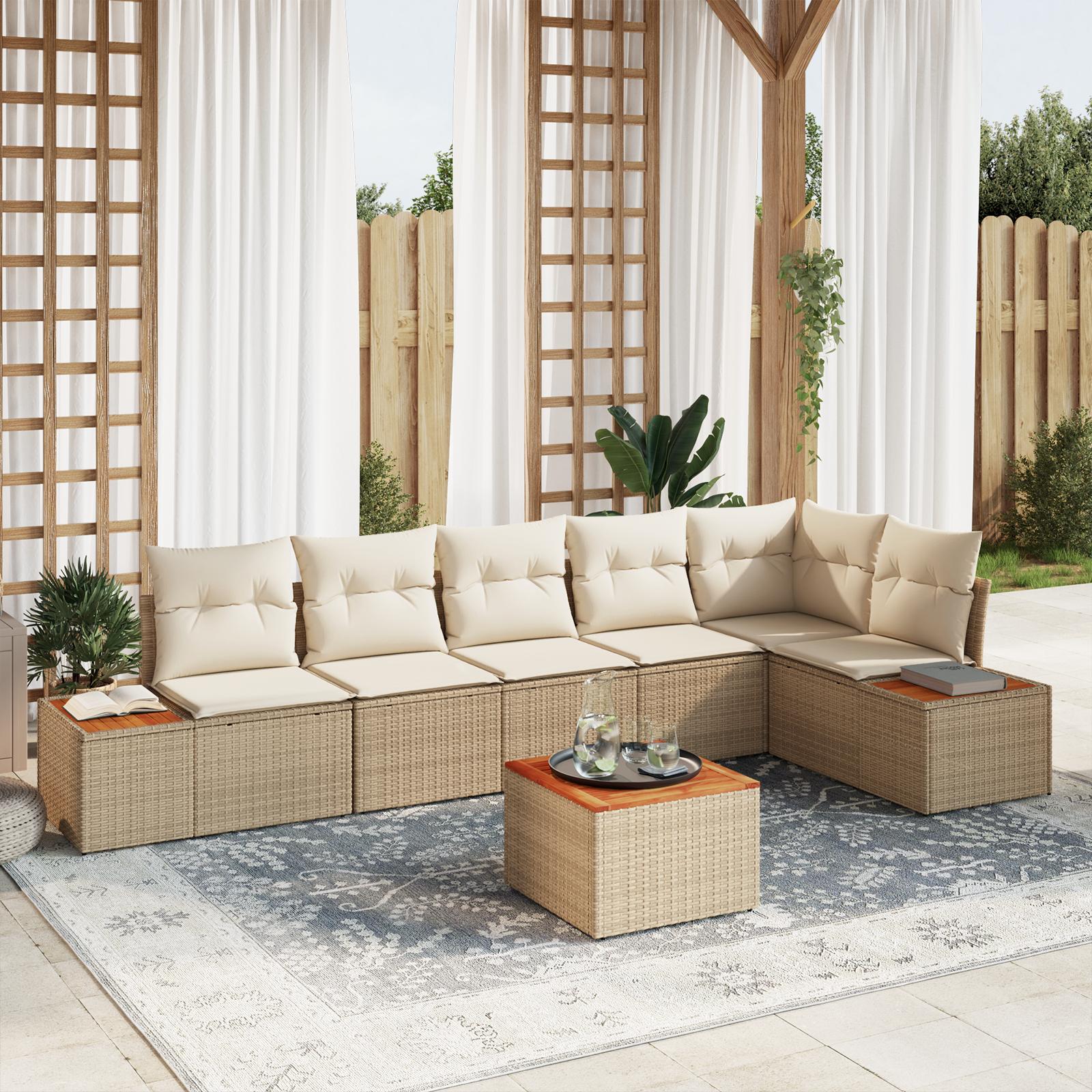 7-delt Havemøbelsofa med Puder Beige Poly Rattan Akacie&& 2-personers Havemøbelsofa med Opbevaring & Puder Beige Poly Rattan