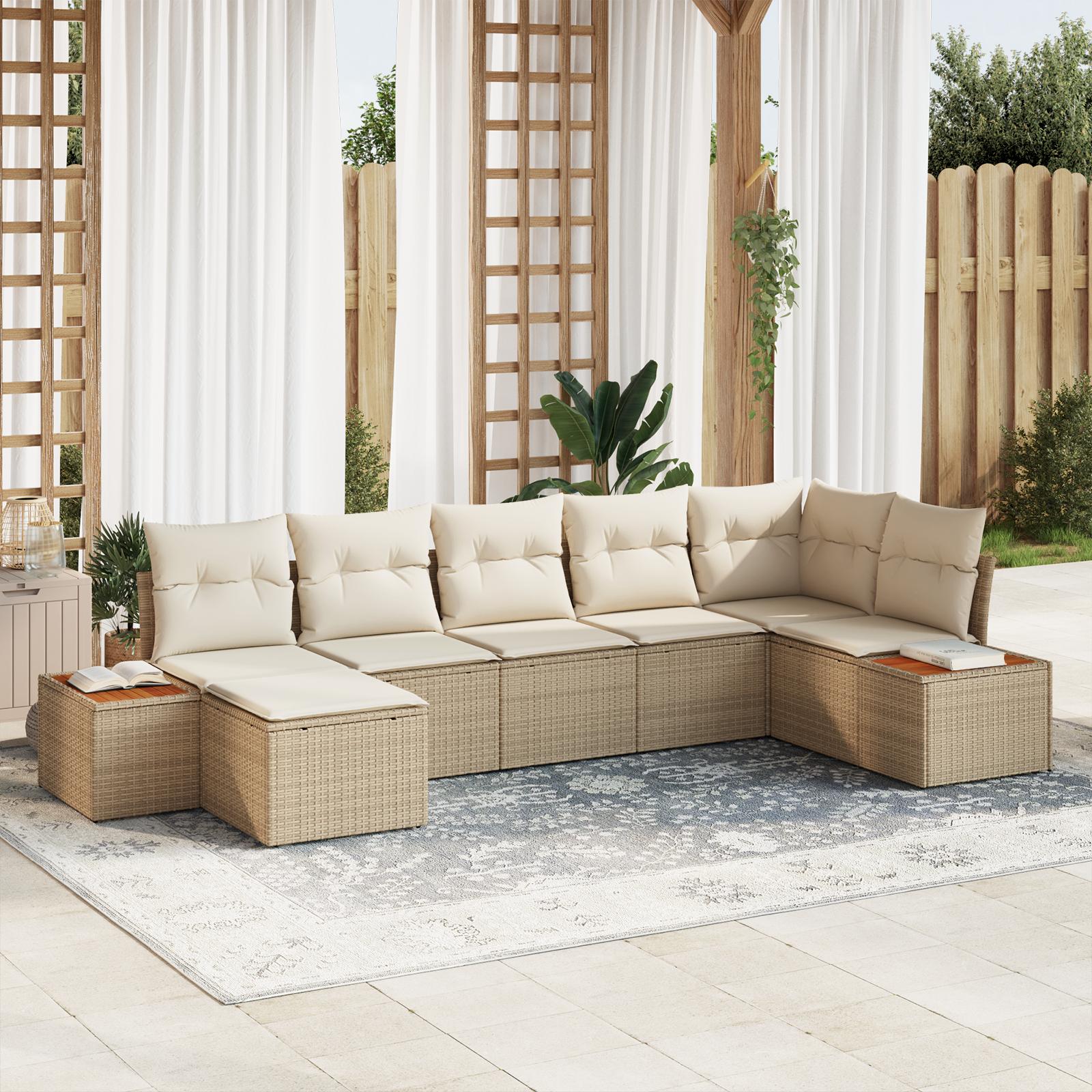 7 Delt Havesofa Sæt Med Puder Beige Poly Rattan Akacia&& 2-personers Havesofa Med Opbevaring & Puder Beige Poly Rattan