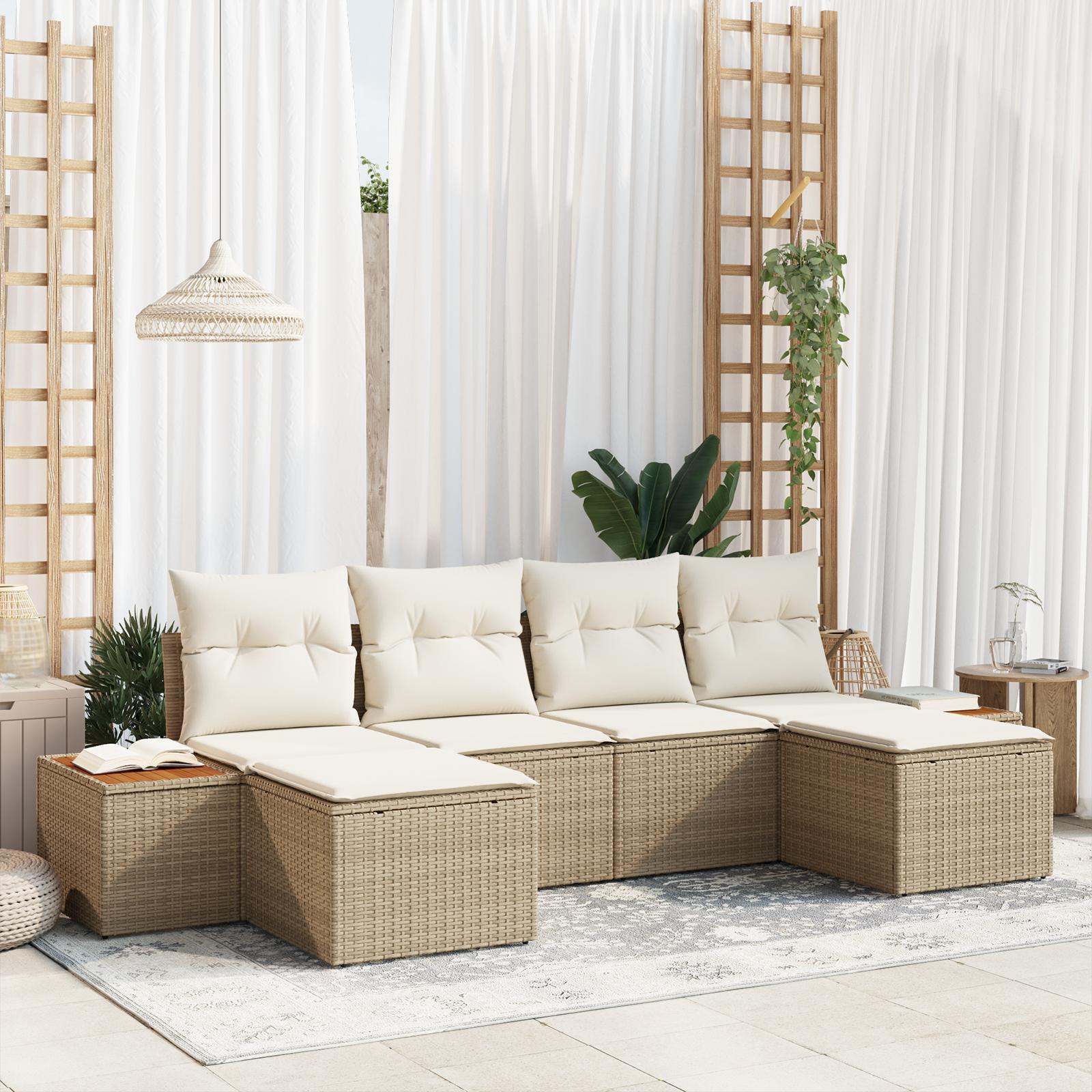 6 Stykker Have Sofa Sæt med Hynder Beige Poly Rattan Akacie&& 2-Personers Have Sofa med Opbevaring & Hynder Beige Poly Rattan