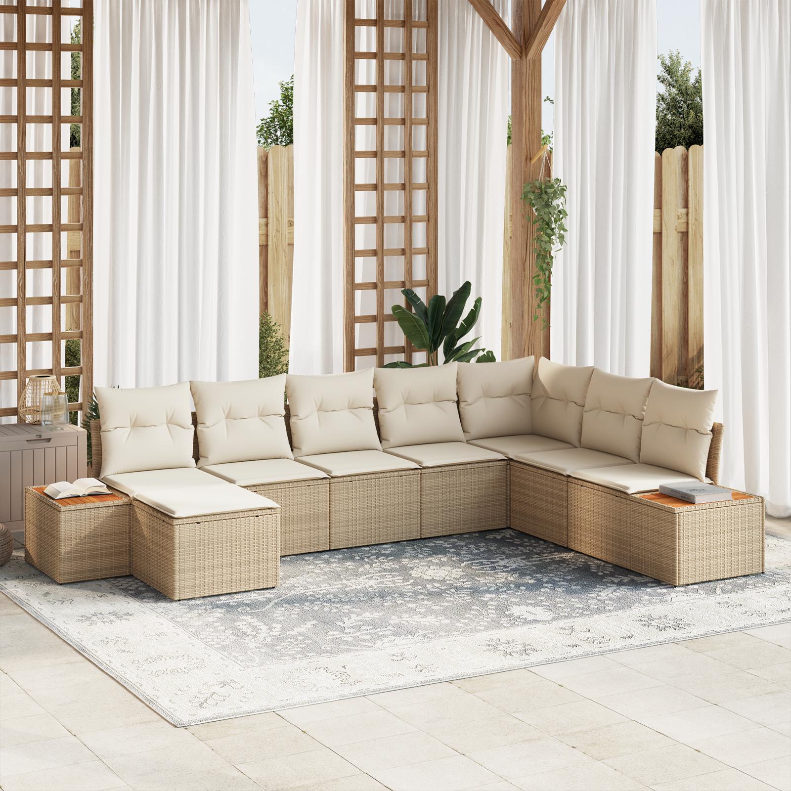 8 Stykker Have Sofa Sæt med Puder Beige Poly Rattan Akacia&& 2-personers Have Sofa med Opbevaring & Puder Beige Poly Rattan