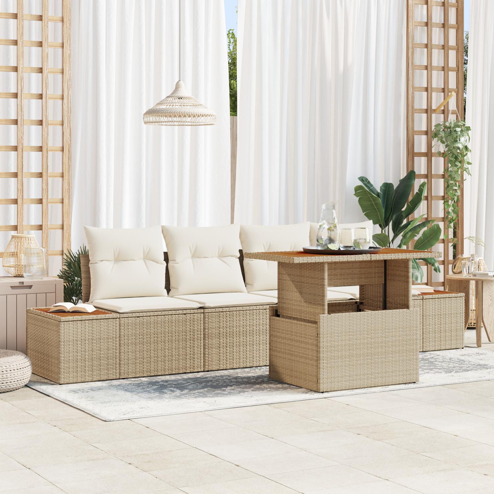 Havesofa sæt 5 dele i beige poly rattan
