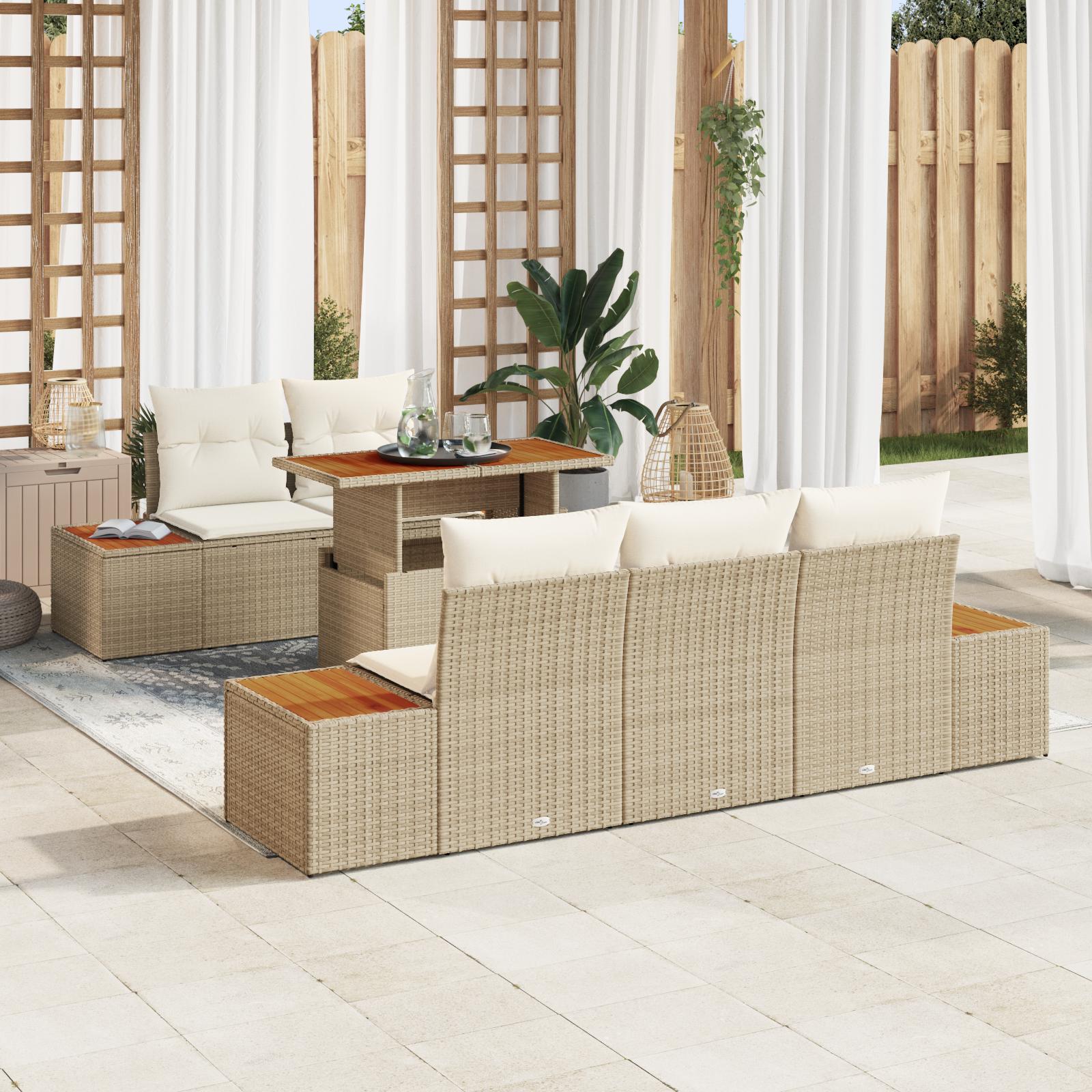 6 Delers Have Sofa Set med Puder Beige Poly Rattan&& 2-Sæders Have Sofa med Opbevaring & Puder Beige Poly Rattan