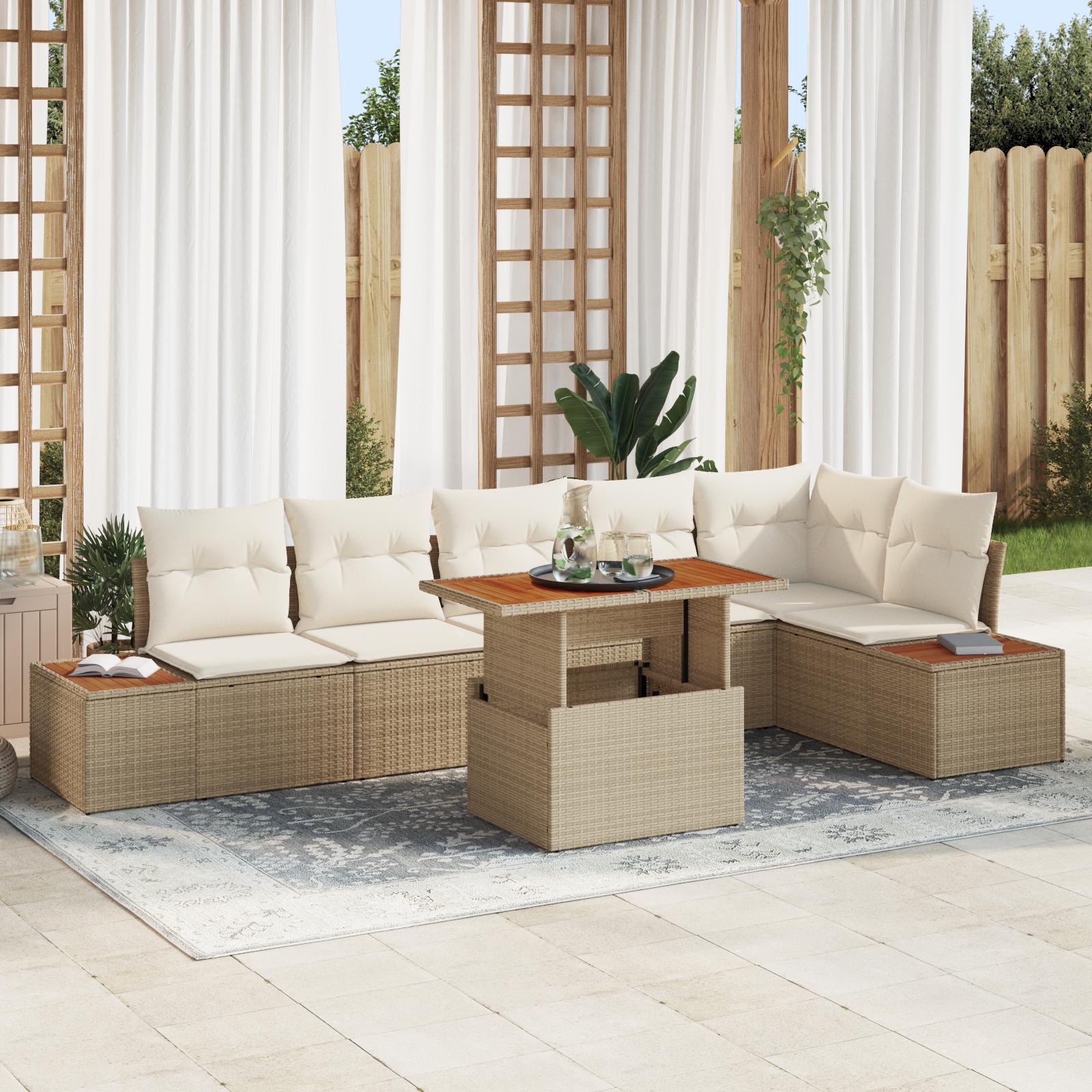 7 Dele Have Sofa Sæt med Puder Beige Poly Rattan&& 2-personers Have Sofa med Opbevaring & Puder Beige Poly Rattan