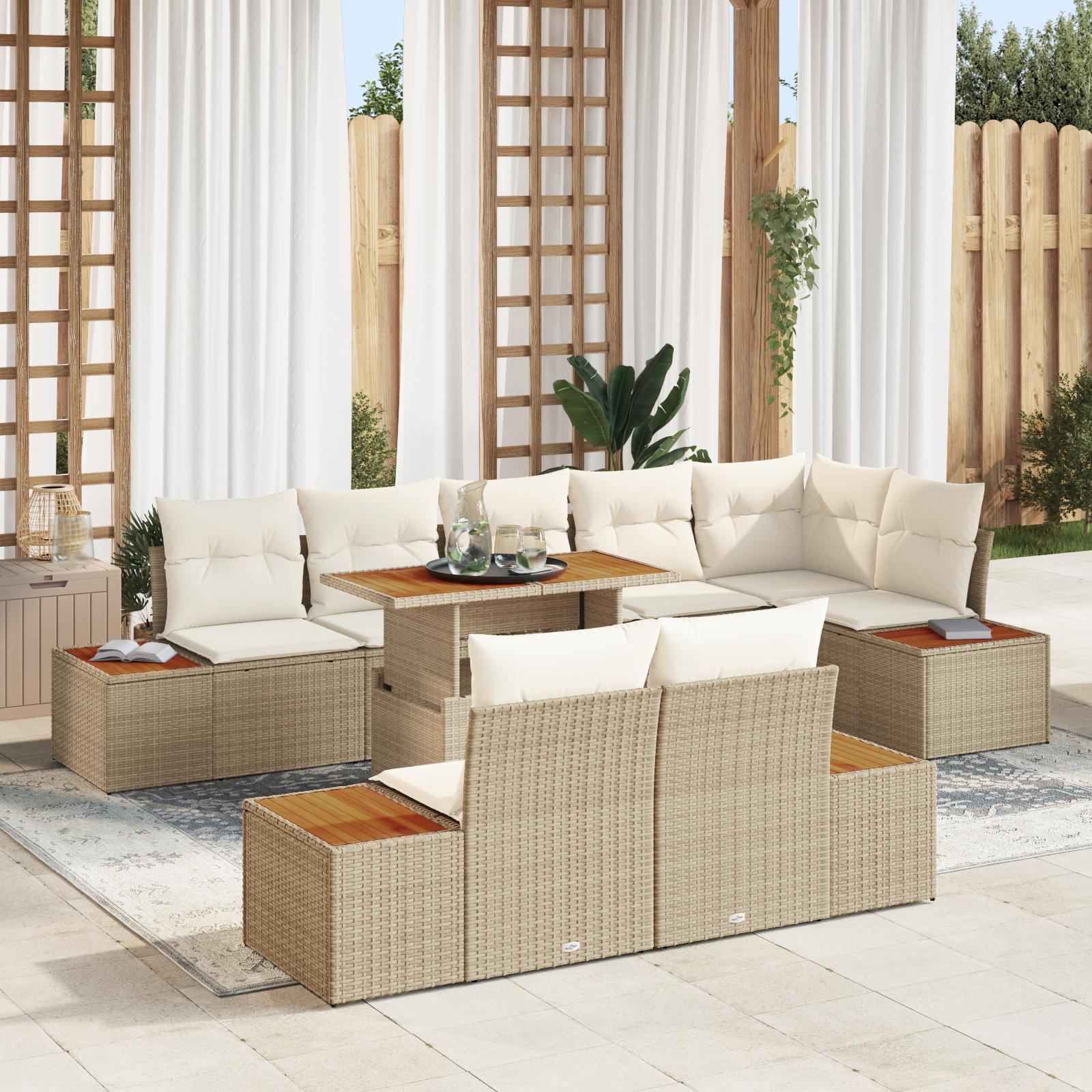 9-delt Havesofa Sæt med Puder Beige Poly Rattan&& 2-personers Havesofa med Opbevaring & Puder Beige Poly Rattan