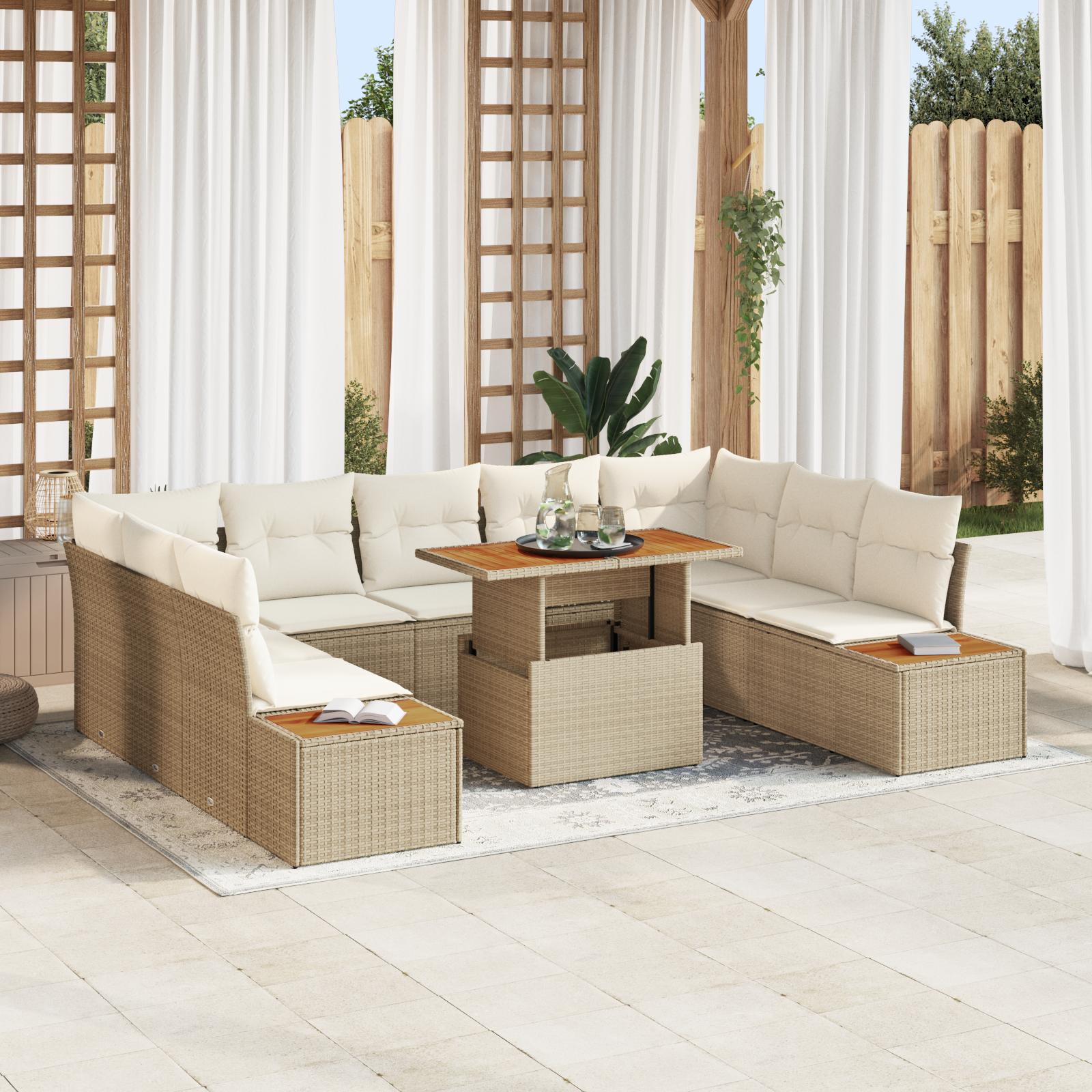 6 Stk Have Sofa Sæt med Puder Beige Poly Rattan&& 2-Sæders Have Sofa med Opbevaring & Puder Beige Poly Rattan billede