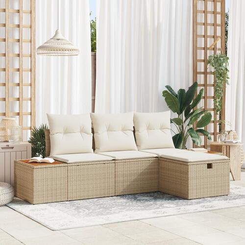 4-delt Have Sofa Sæt med Puder Beige Poly Rattan&& 2-sæders Have Sofa med Opbevaring & Puder Beige Poly Rattan