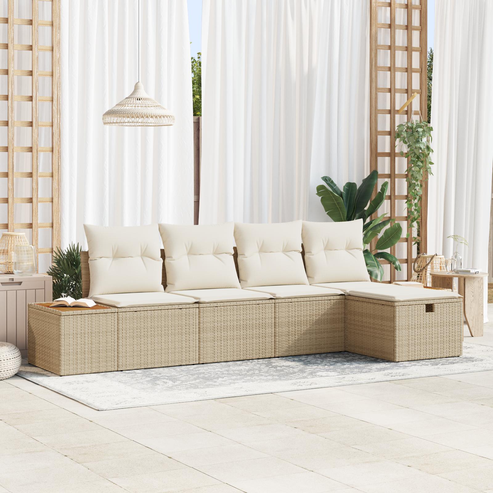 5 Stk Have Sofa Sæt med Puder Beige Poly Rattan&& 2-personers Have Sofa med Opbevaring & Puder Beige Poly Rattan