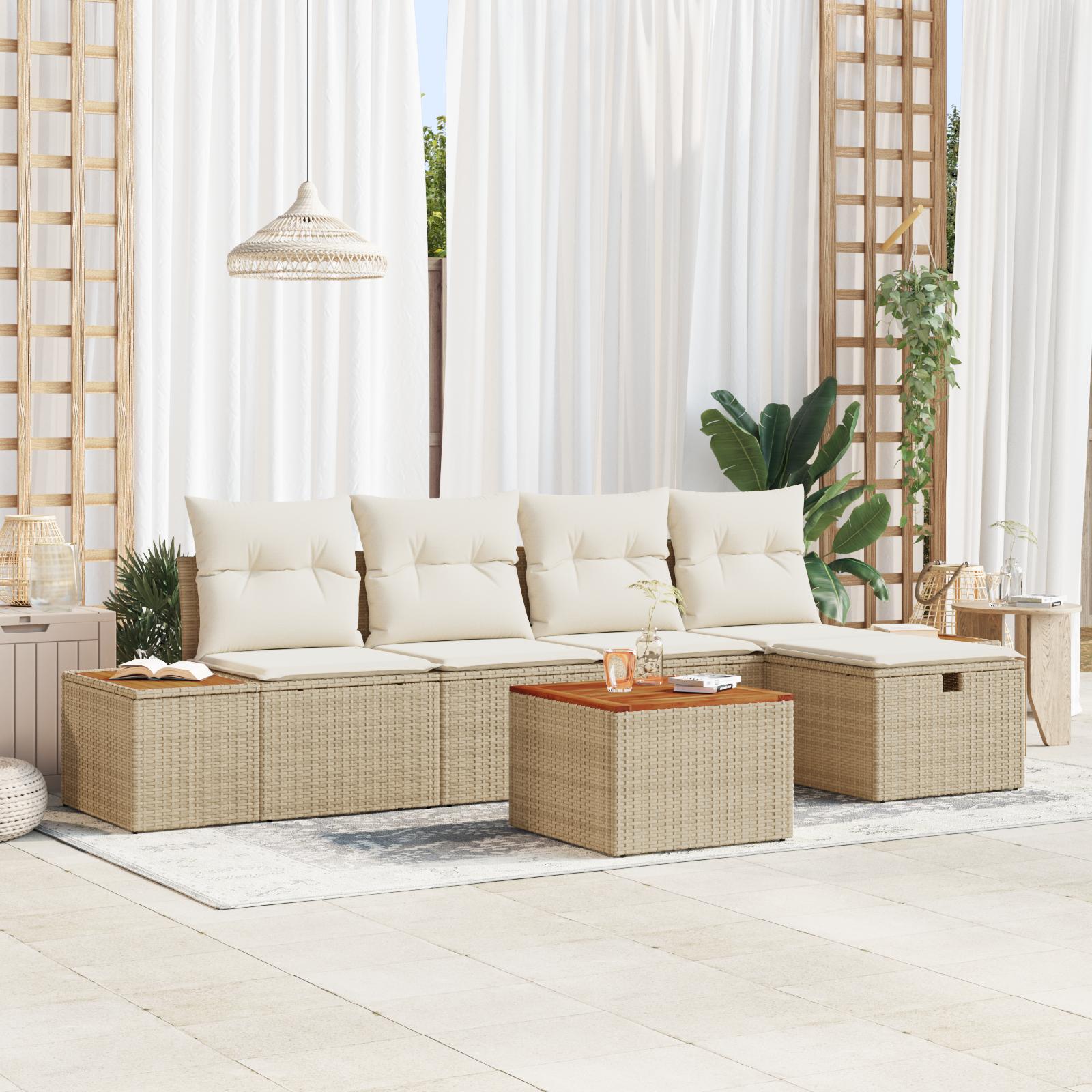 6 Stk Have Sofa Sæt med Puder, Beige Poly Rattan&& 2-Personers Have Sofa med Opbevaring & Puder, Beige Poly Rattan