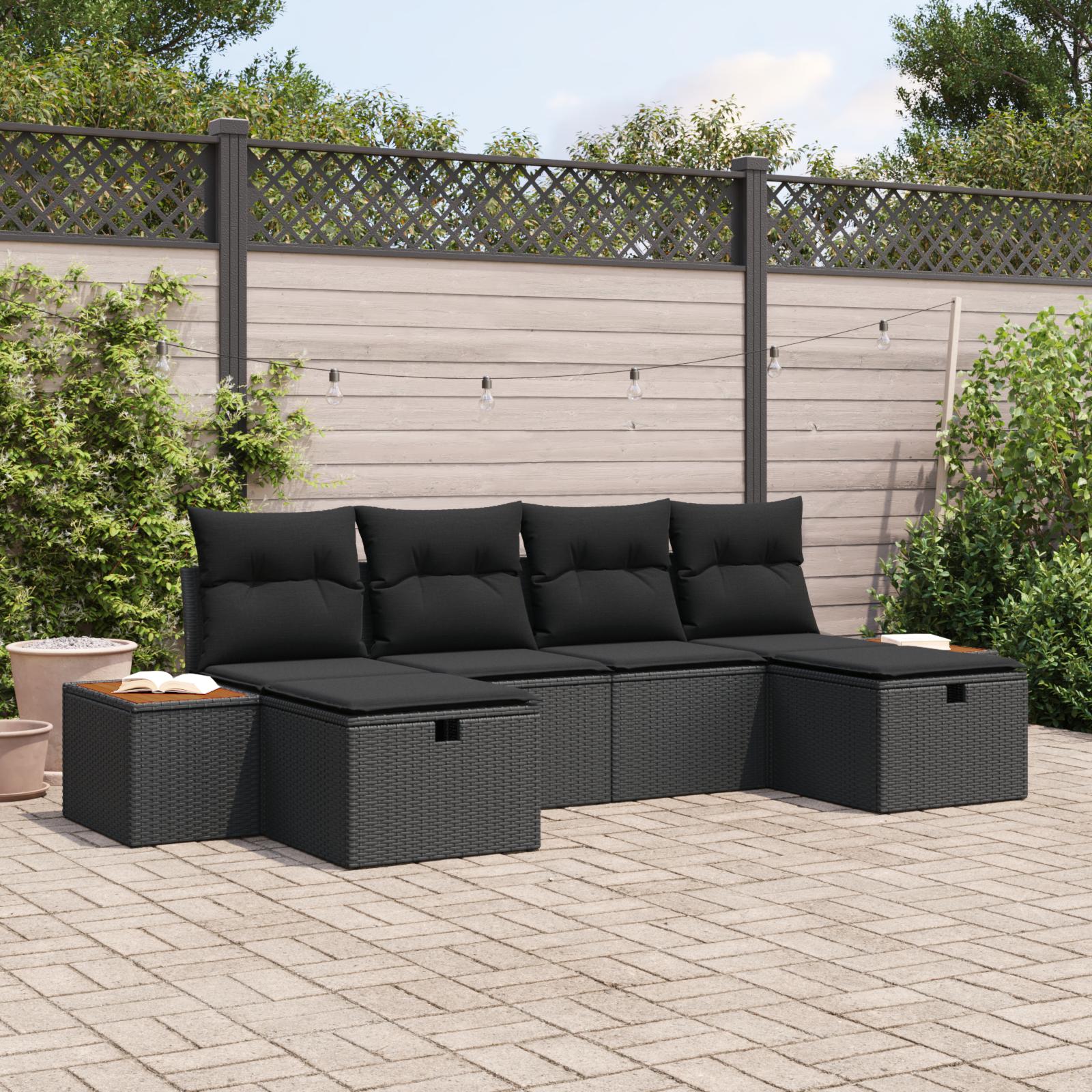 Havesofa Sæt med pude 6 stk Sort 55 x 62 x 69 cm Poly rattan billede